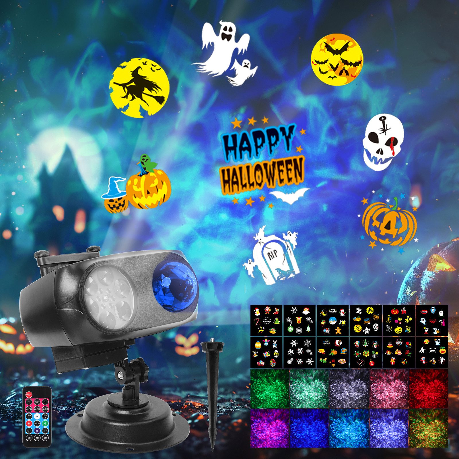 Fofile Projektor Halloween Aussen Innen - 96 Mustern+10 Wasserwellen Светодиодный проектор (LED Projektionslampe, Wasserdicht, mit Fernbedienung)