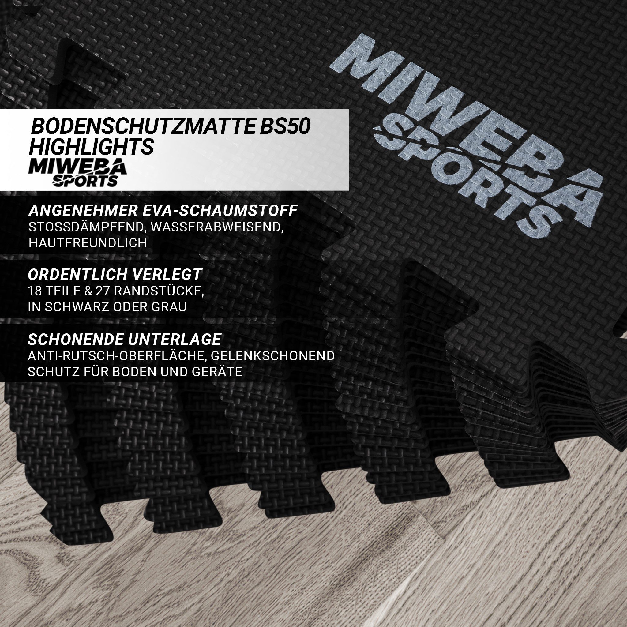 Miweba Sports Bodenschutzmatte BS100 - BS50 Puzzlematte - Premium Trainingsmatte für Fitnessgeräte, Turnmatte, Sportmatte, 18-St., Bodenschutzmatte, Schutzmatte Fitnessmatte - 2 Farben - quadratisch