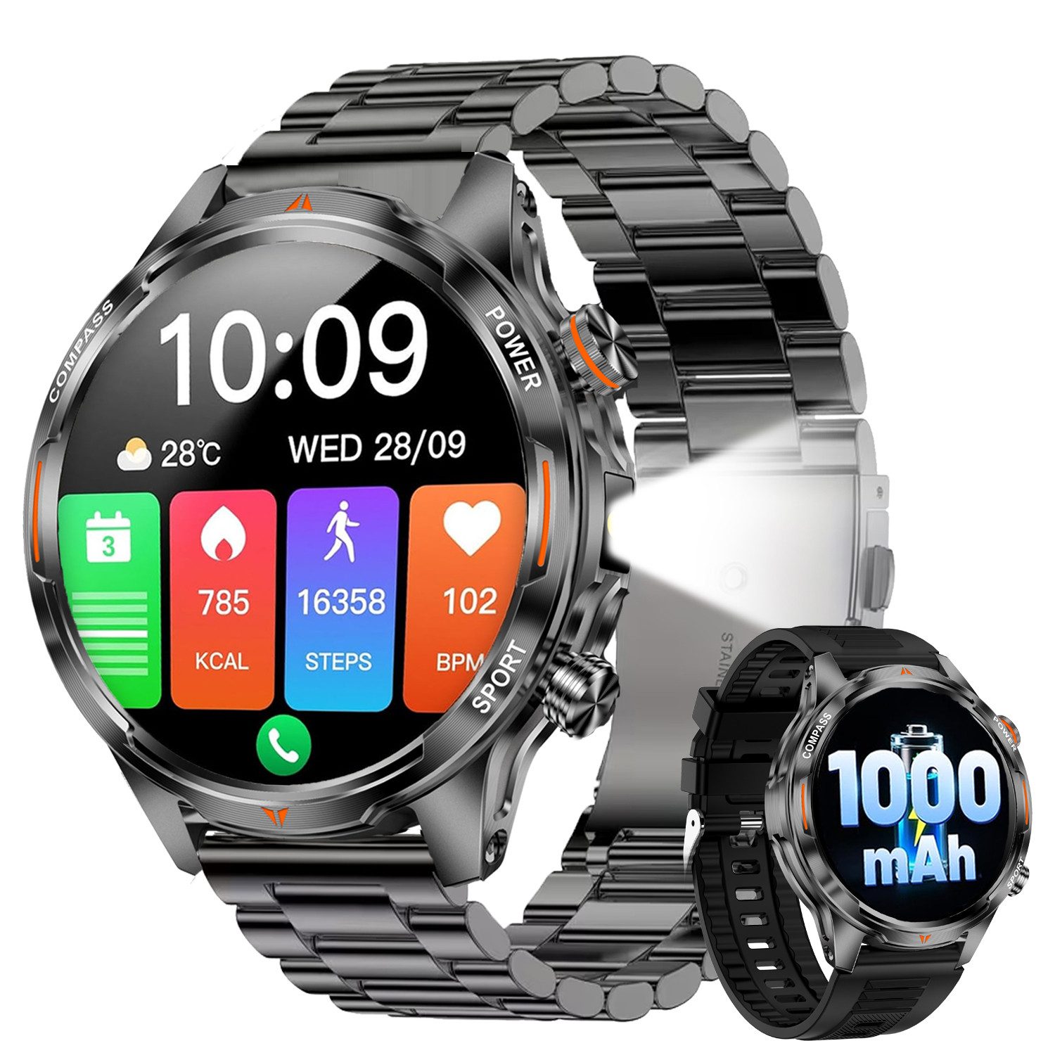 ANYSUN Smartwatch Herren,Sportuhr mit LED Taschenlampe & Kompass, Smartwatch (1,7 Zoll) IP68 Wasserdicht,100+ Sportmodi,mit Bluetooth,Fitness Tracker, Puls-SpO2-Schlaf-Monitor,Schrittzähler,2 Armbändern,für Android iOS