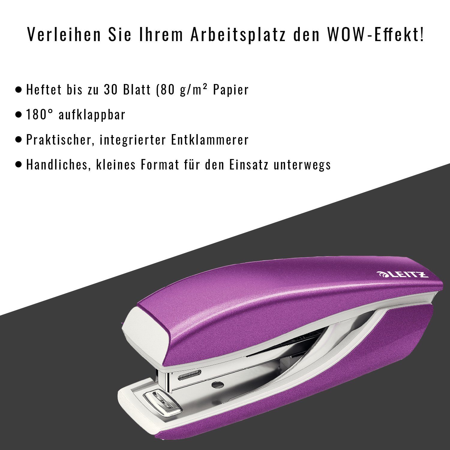 LEITZ Lochstanzer WOW Heftgerät bis Blatt, 30 Heftklammern inkl. violett Tacker