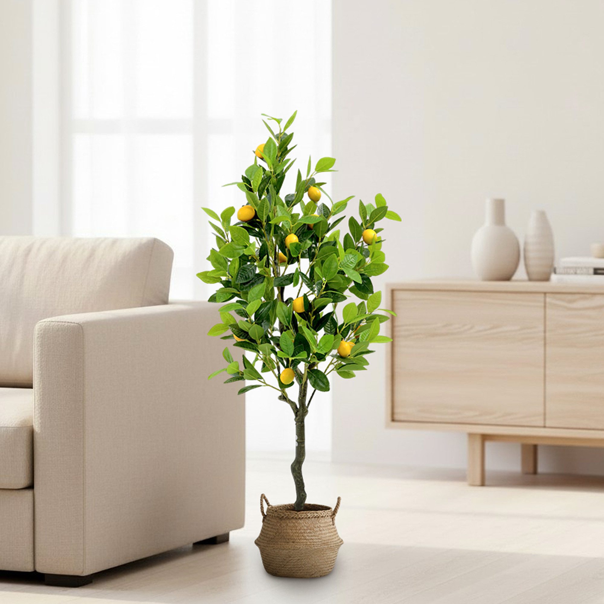 Kunstpflanze künstlicher Zitronenbaum Zitronenpflanze im Topf mit Früchten Zitrone, Arnusa, Höhe 120 cm, Kunstbaum Mediterran sehr realistisch