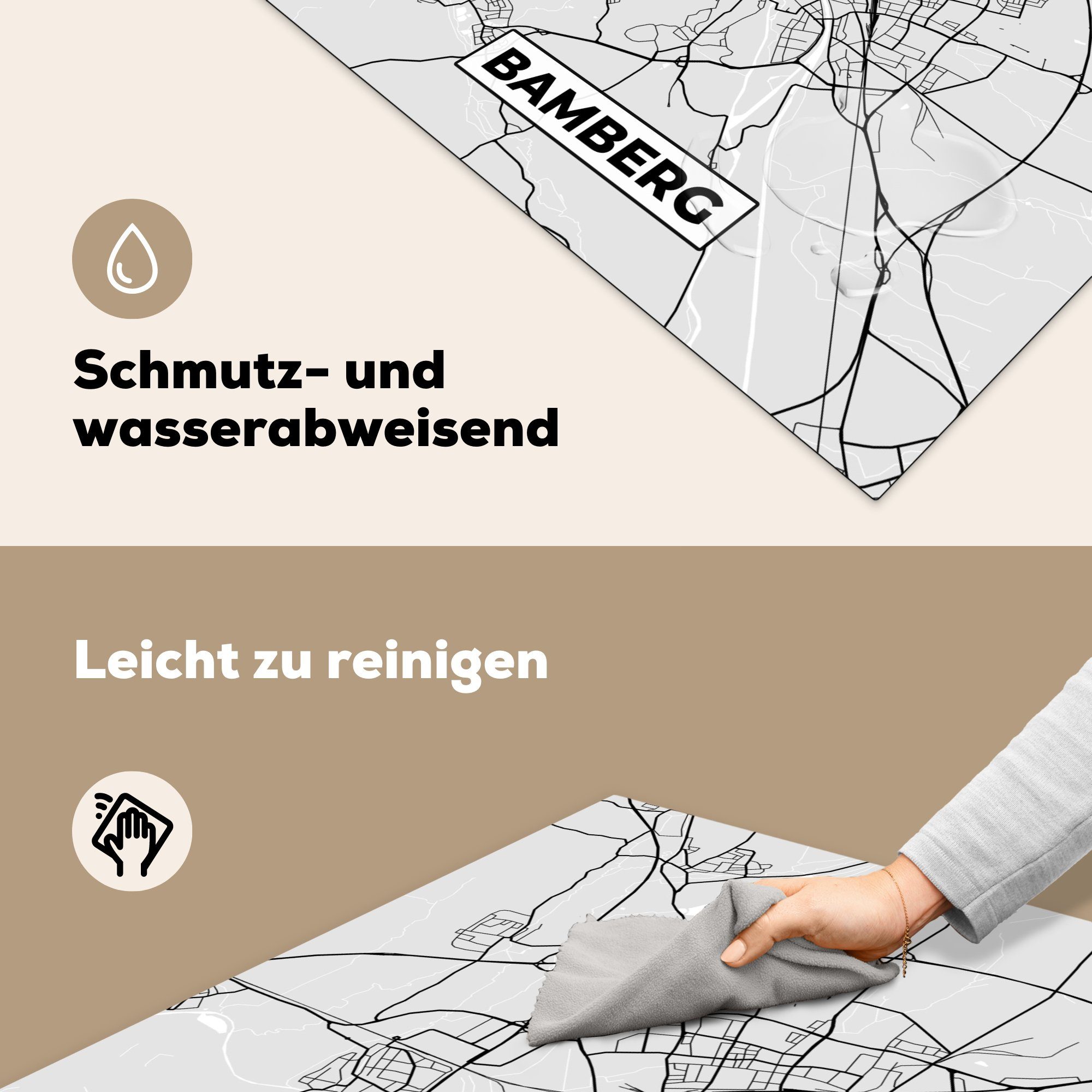 - Arbeitsplatte 78x78 - Bamberg Herdblende-/Abdeckplatte MuchoWow tlg), Karte - (1 Deutschland Vinyl, Ceranfeldabdeckung, Stadtplan, küche für cm,
