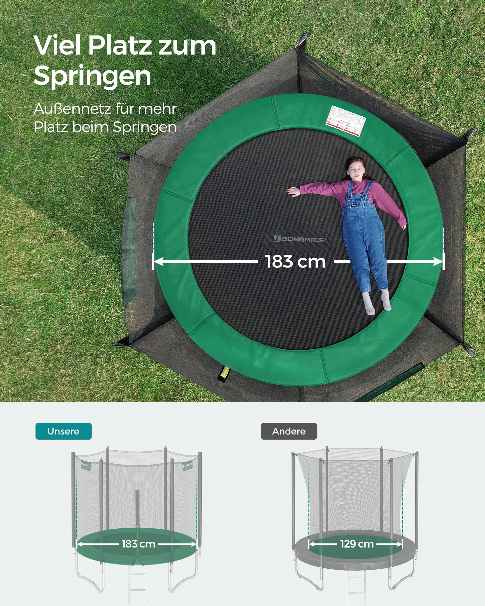 SONGMICS Gartentrampolin mit Randabdeckung, Sicherheitsnetz, Leiter und gepolsterten Stangen, Ø 183 cm, Ø244/Ø305/ Ø366 cm, mit Leiter und gepolsterten Stangen