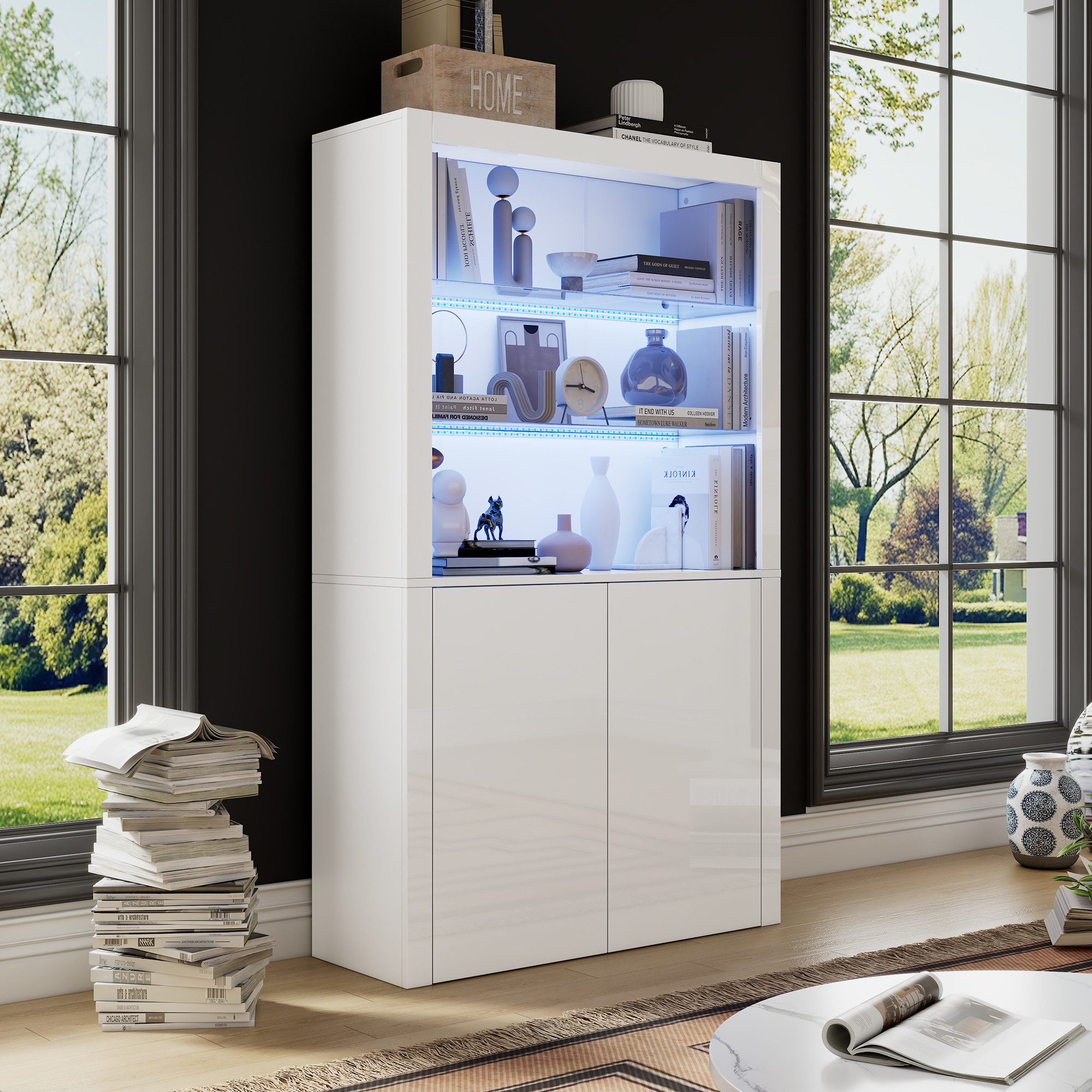Merax Standvitrine hochglanz Hochschrank mit LED-Beleuchtung (100 x 35 x 170 cm, 1-St) Vitrinen Aufbewahrungsschrank mit gehärtetem Glas & Stauraum