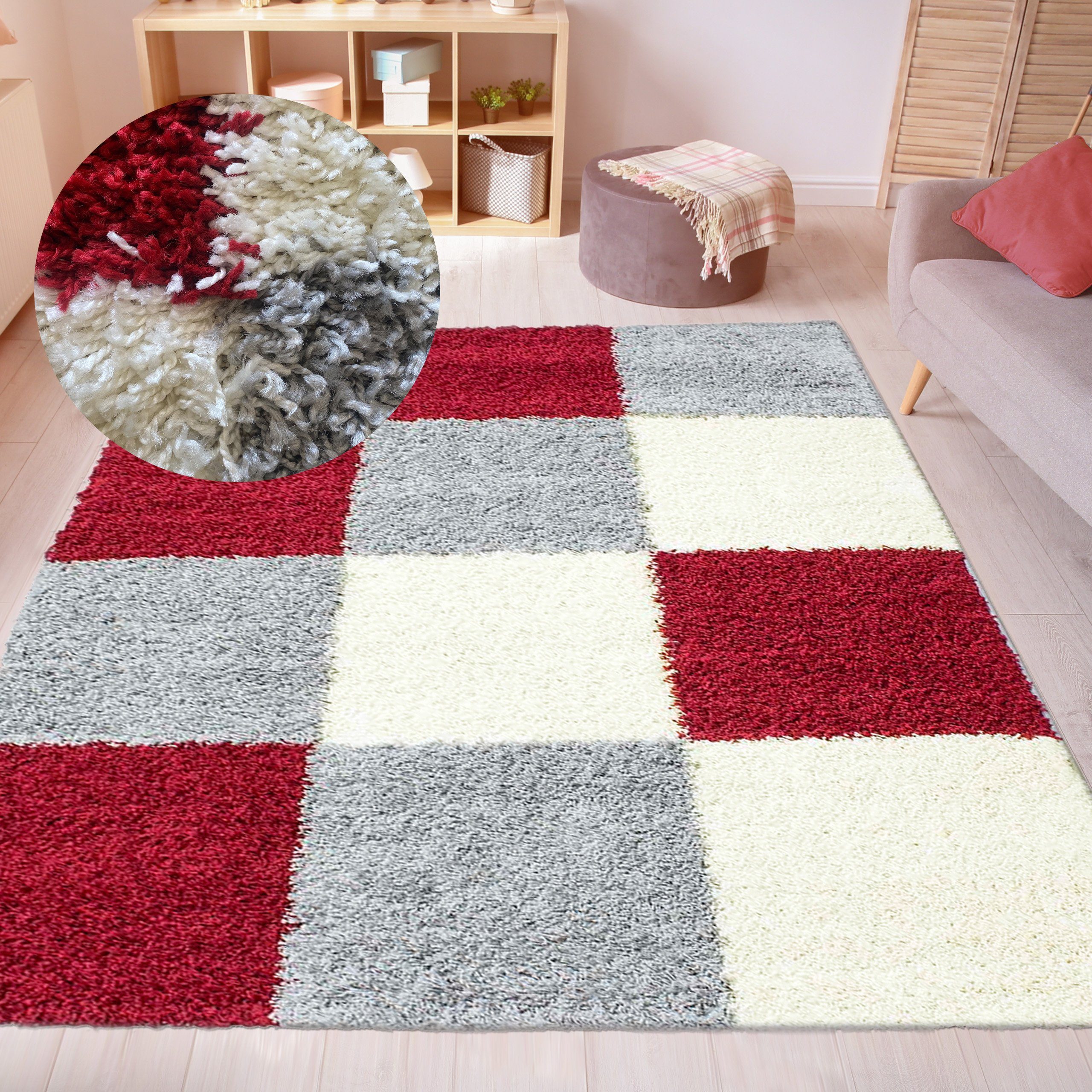 Teppich Flauschiger Shaggy-Teppich Hochflor mit Karomuster in rot grau creme