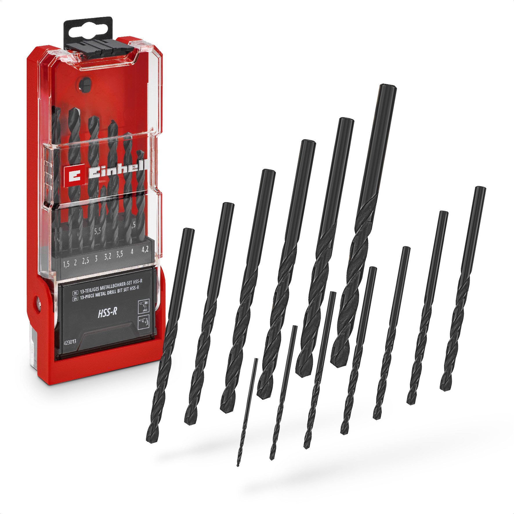 Einhell Bohrer- und Bit-Set Original Einhell 13-tlg. HSS-R Metallbohrer-Set (HSS 4241 Stahl, schwa, (13x HSS-R Metallbohrer (1,5 / 2 / 2,5 / 3 / 3,2 / 3,5 / 4 / 4,2 / 4,5 / 5 / 5,5 / 6 / 6,5 mm), 1x Aufbewahrungskassette (15,0 x 6,2 x 2,6 cm), 13-tlg), Original Einhell 13-tlg. HSS-R Metallbohrer-Set (HSS 4241 Stahl, schwa