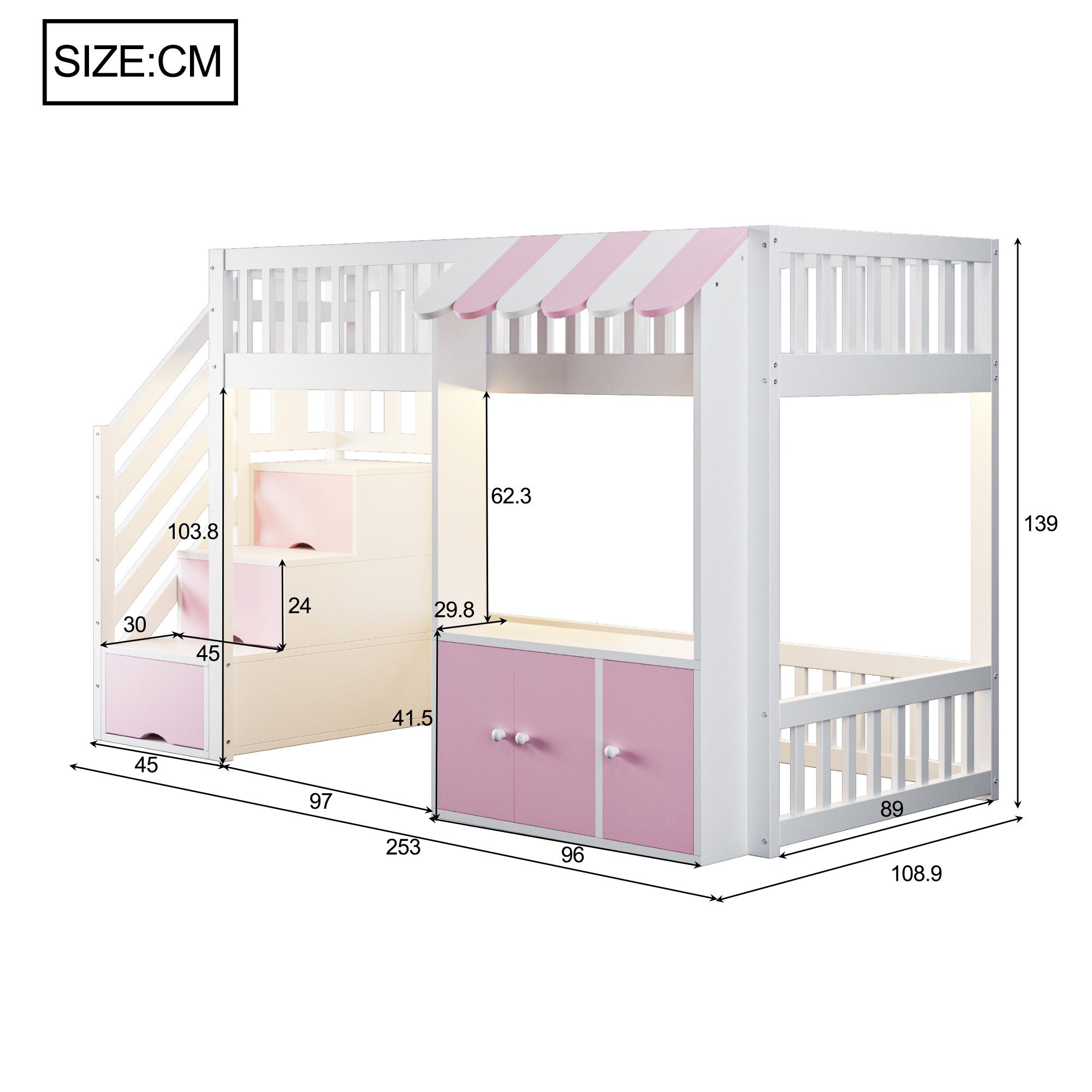 Celya Hochbett 90×200 cm, mit Stauraumtreppe, Mehrfarbiger LED-Lichtleiste (ohne Matratze, Traufendesign, Lattenrost, Einzelbett)