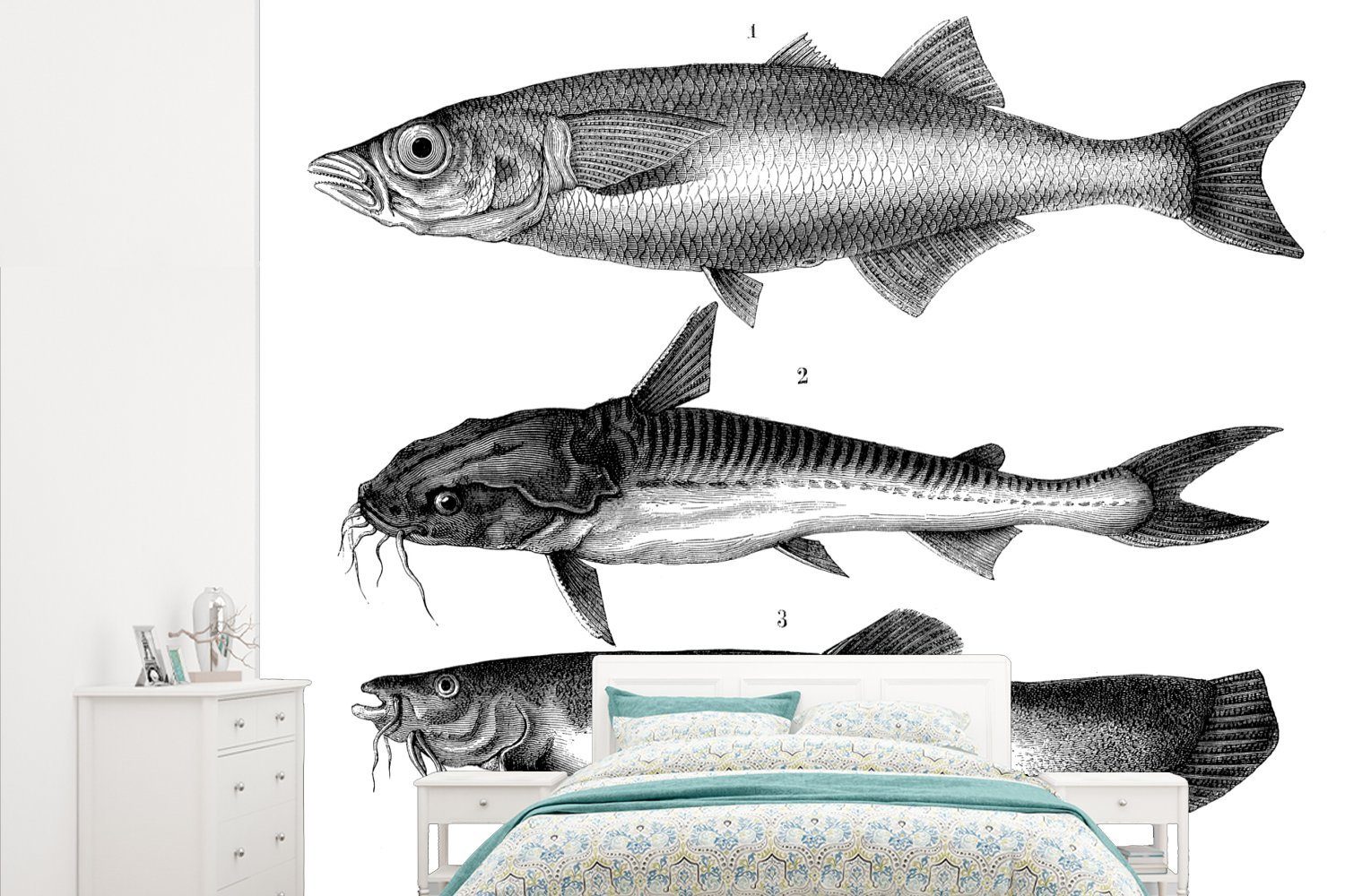 MuchoWow Fototapete Eine schwarz-weiße Illustration von drei Fischen, Matt, bedruckt, (5 St), Vliestapete für Wohnzimmer Schlafzimmer Küche, Fototapete