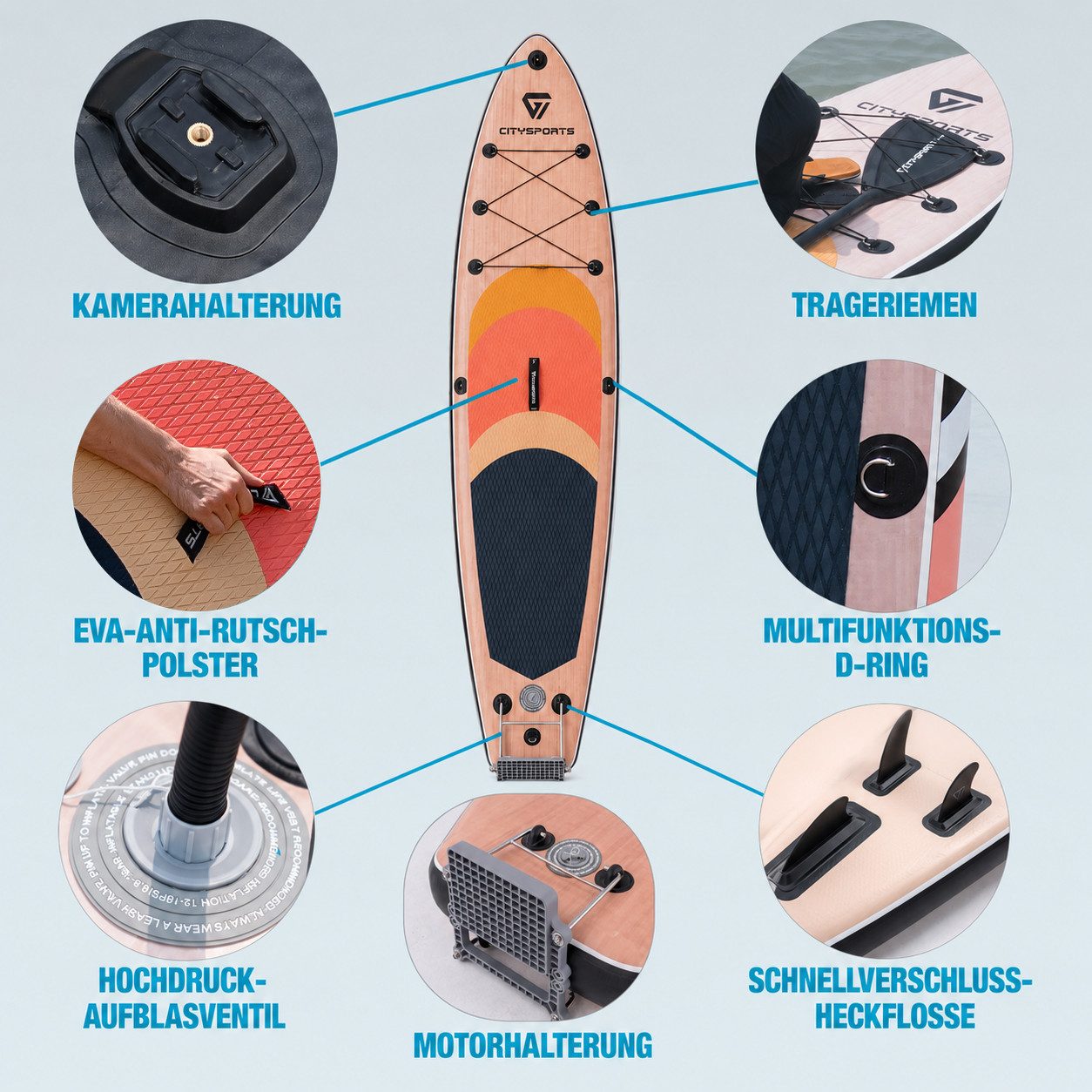 CITYSPORTS Inflatable SUP-Board 320x80x15cm,aufblasbares Stand Up Paddle Board set bis 160 kg, Komplettset mit Paddel, Pumpe, Rucksack, Leash, Finnen & Kajak-Sitz