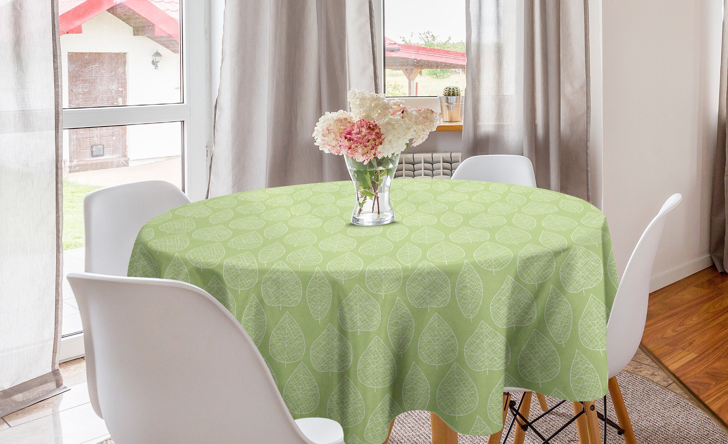 Esszimmer Abakuhaus Tischdecke Küche Tischdecke Blätter Dekoration, Grün und für Kreis Abdeckung Weiß