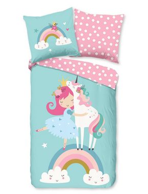 Bettwäsche Einhorn Regenbogen Prinzessin hellblau rosa, soma, Baumolle, 2 teilig, Bettbezug Kopfkissenbezug Set kuschelig weich hochwertig