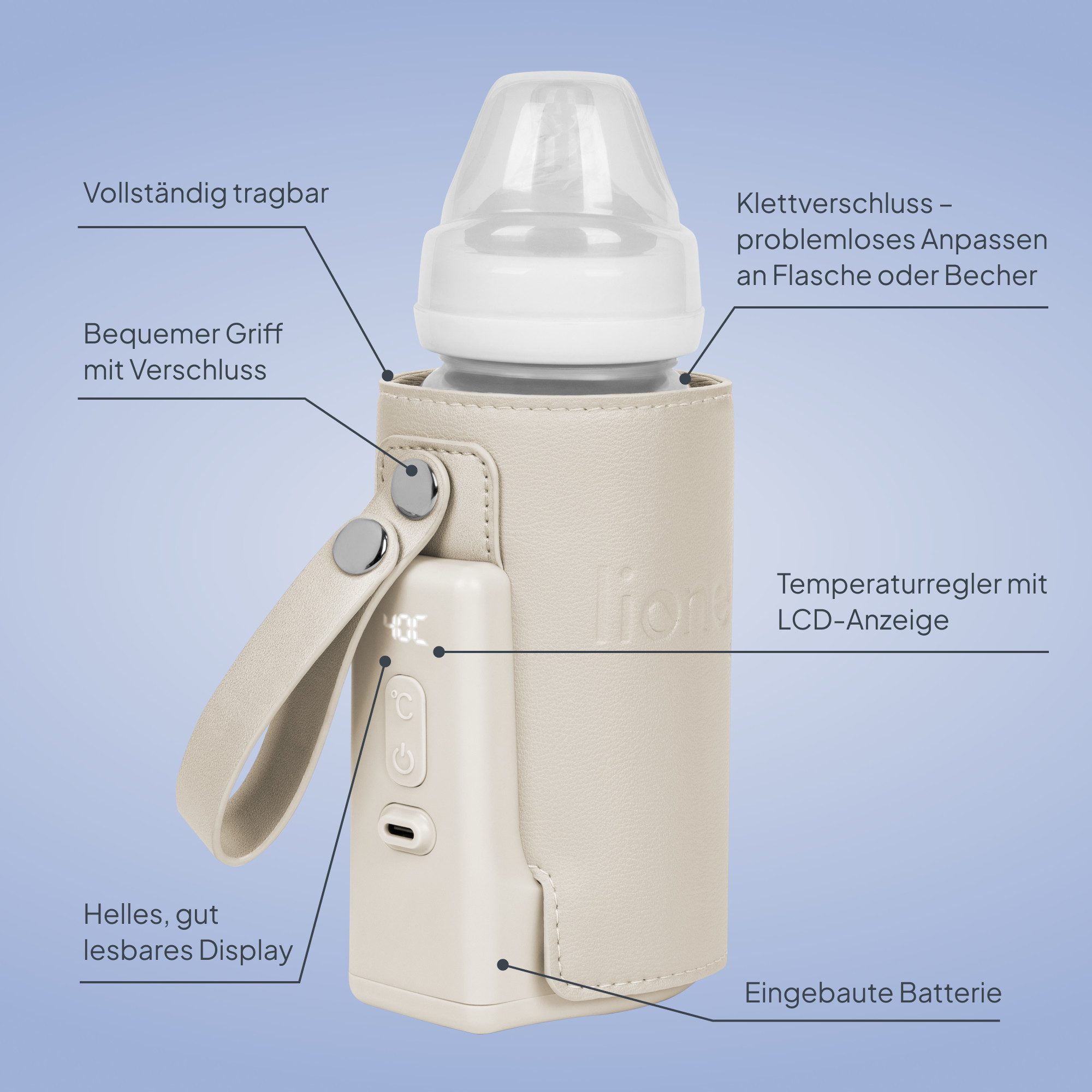 lionelo Babyflaschenwärmer THERMUP GO PLUS, Schnelles Erhitzen - 5 Temperaturen/3000mAh/USB-C