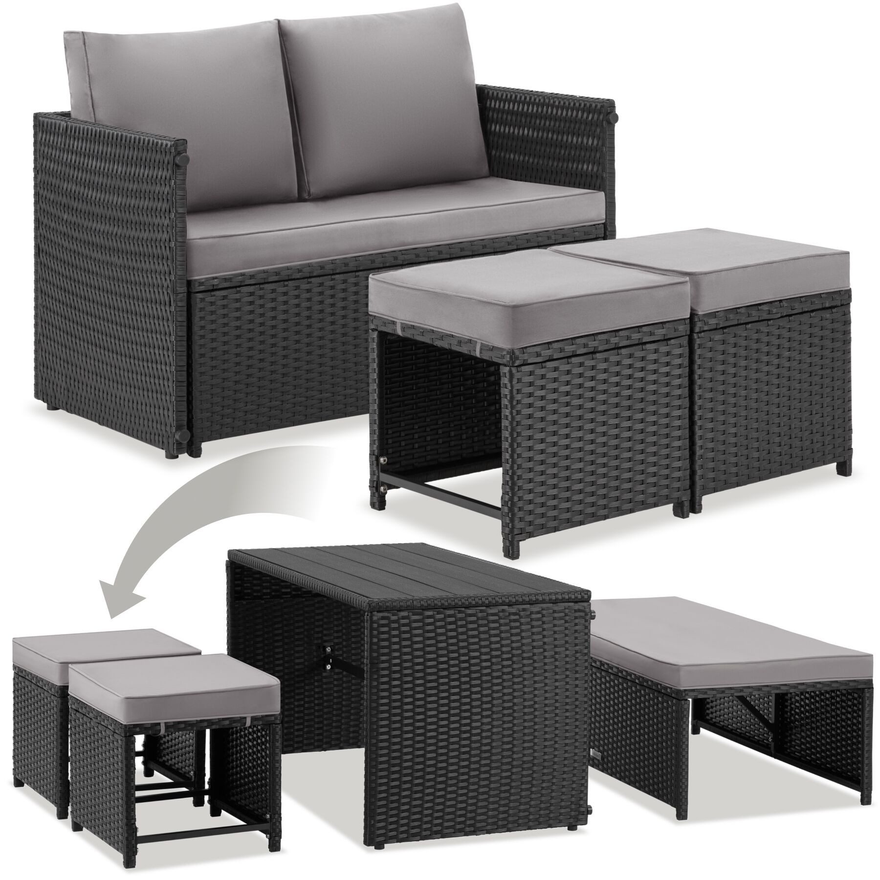 tectake Sitzgruppe 2-in-1-Rattanlounge-Set, höhenverstellbare Tischfüße, (Rattansitzmöbel Monopoli, 3-tlg., in schwarz), Tisch mit Lamellen, Belastbarkeit Bank 250 kg, Tisch 100 kg