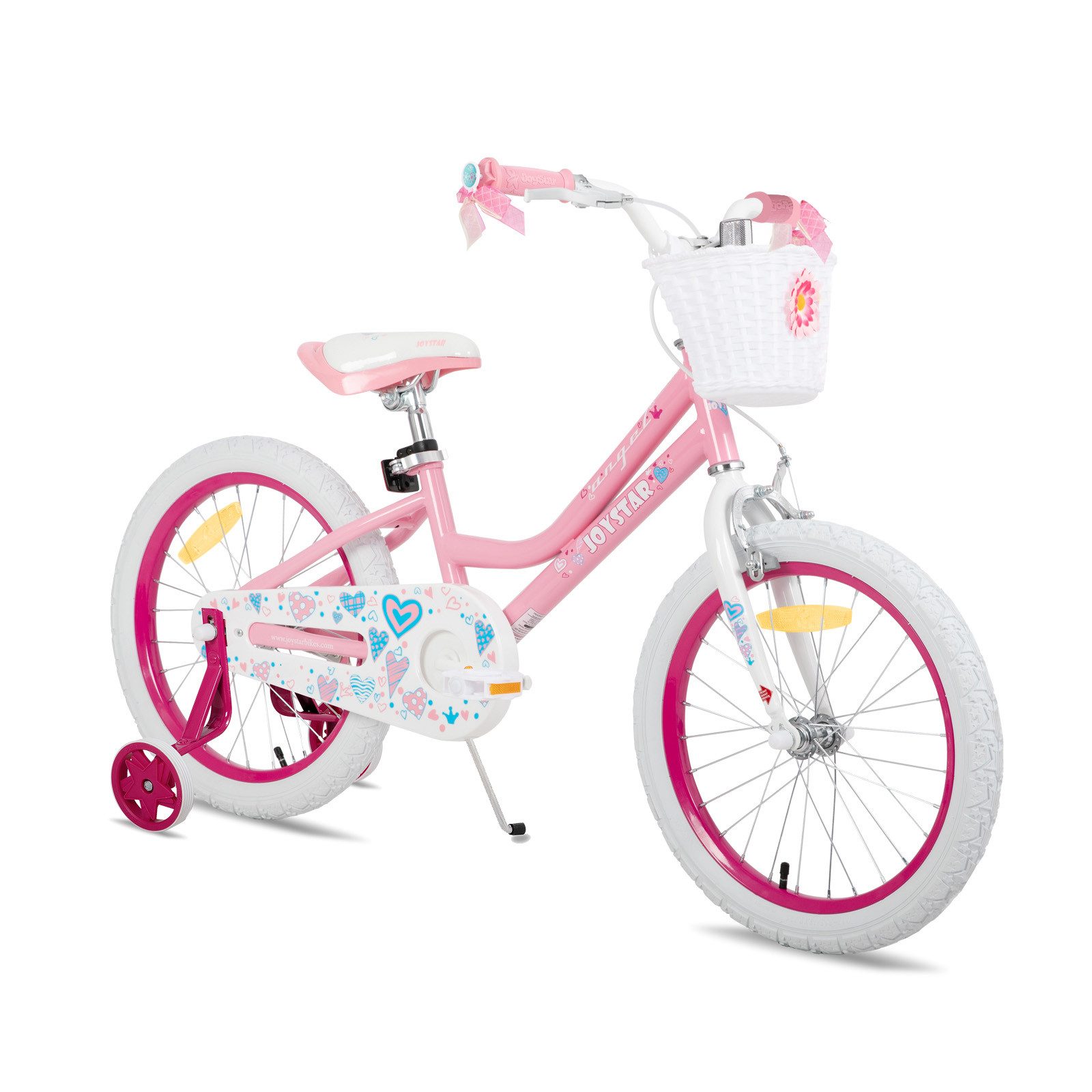 JOYSTAR Kinderfahrrad 12 14 16 18 Zoll Mädchenfahrrad, 2 - 9 Jahre,Geschenk für Prinzessin, 1 Gang, Mit Hilfsrädern, farbigen Bändern, Korb, Reflektor, Kettenabdeckung