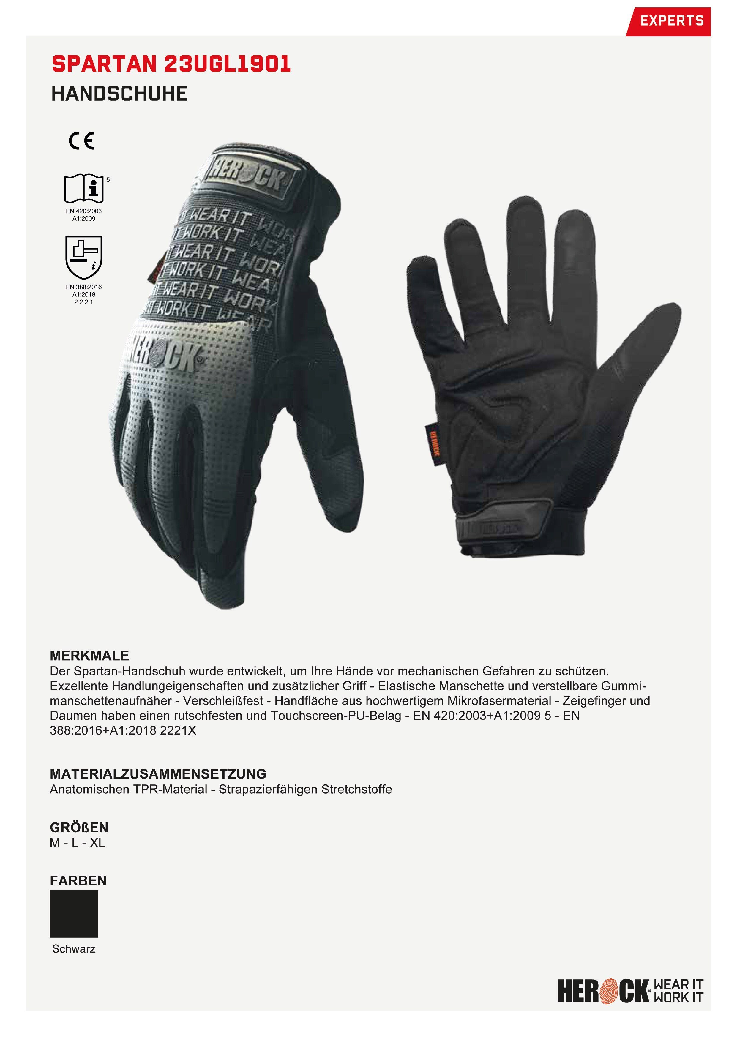 Herock Montage-Handschuhe Spartan an Strapazierfähiger Stretch, Daumen Zeigefinger Touchscreen-PU und