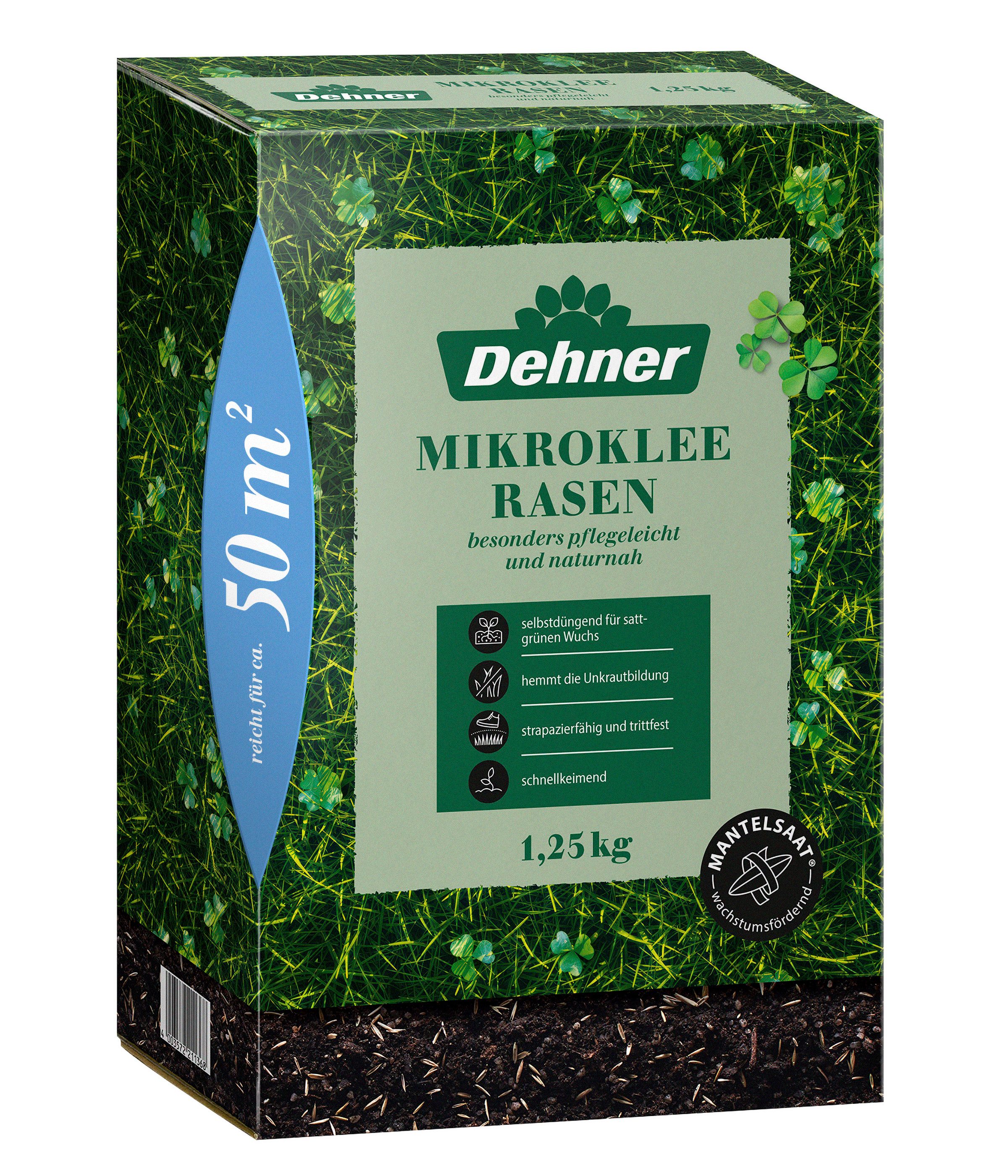 Dehner Rasensamen Mikroklee-Rasen Saatgut, pflegeleicht, selbstdüngend, versch. Größen, 1,25 kg, Für Spiel- & Entspannungsflächen, dichte Optik, schnell keimend
