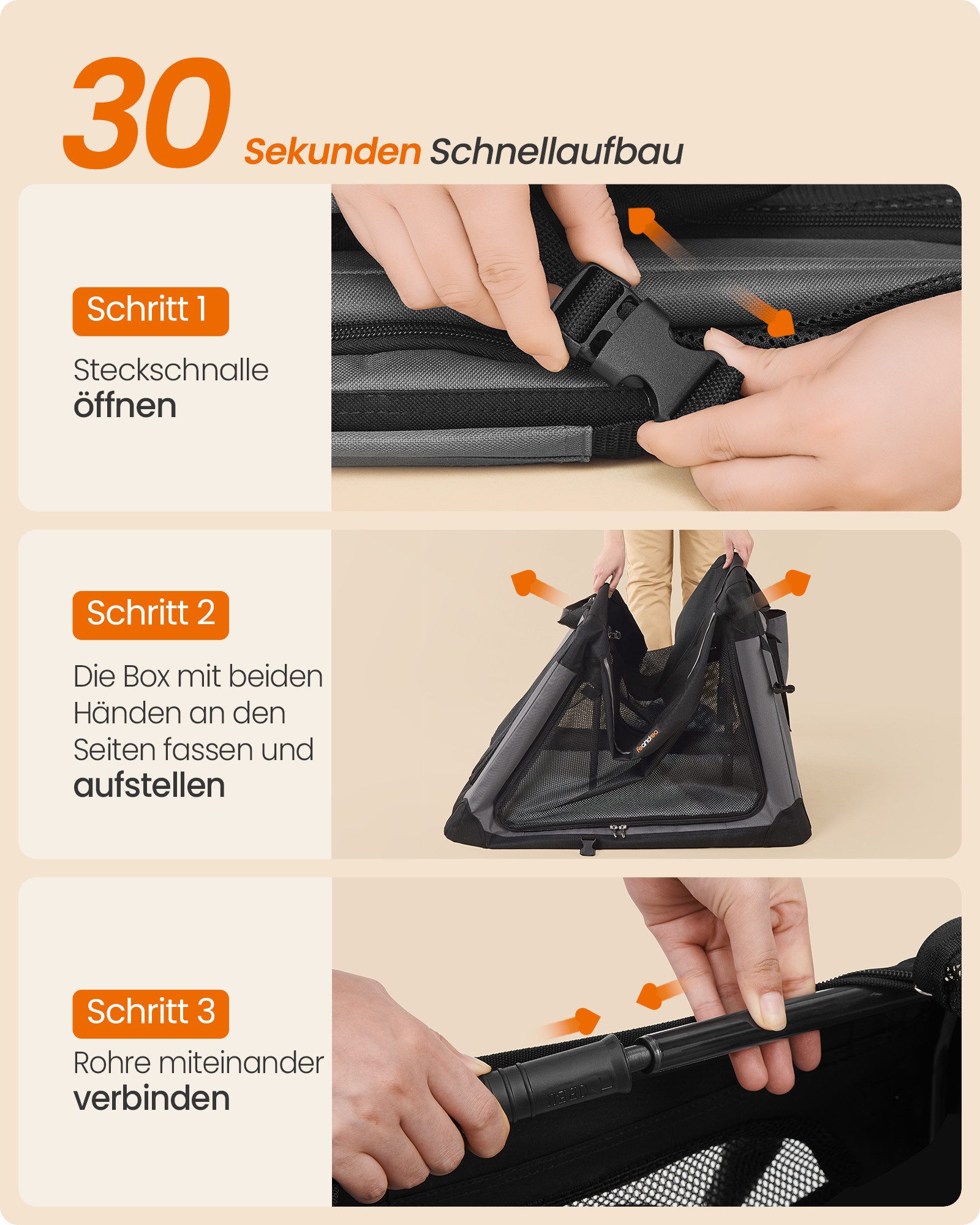 FEANDREA Tiertransporttasche Hundebox faltbar, Hundetasche, Taschen für Futter und Wasserflasche, 60 cm, kleine Hunde, Oxford-Gewebe, 4 Türen aus Netzstoff, Griffen