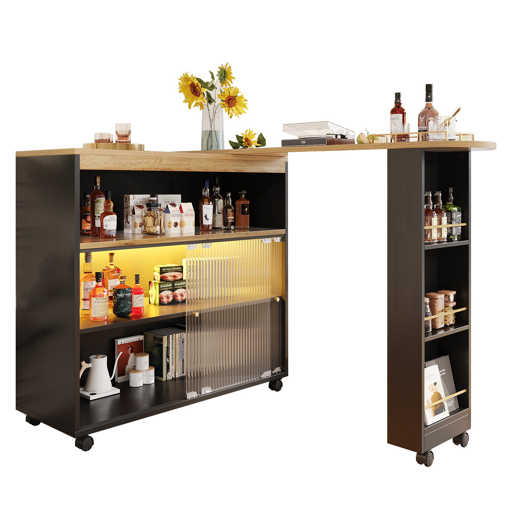 Rutaqian Bistrotisch Ausziehbarer Bartisch mit Stauraum, Moderner Beweglicher Bar Table (1-St., Stehtisch Bistrotisch Hochtisch Kücheninsel Bistro Table), Teleskopischer Bartisch mit LED, Großer Stauraum,Weiß 138-204×39×105cm