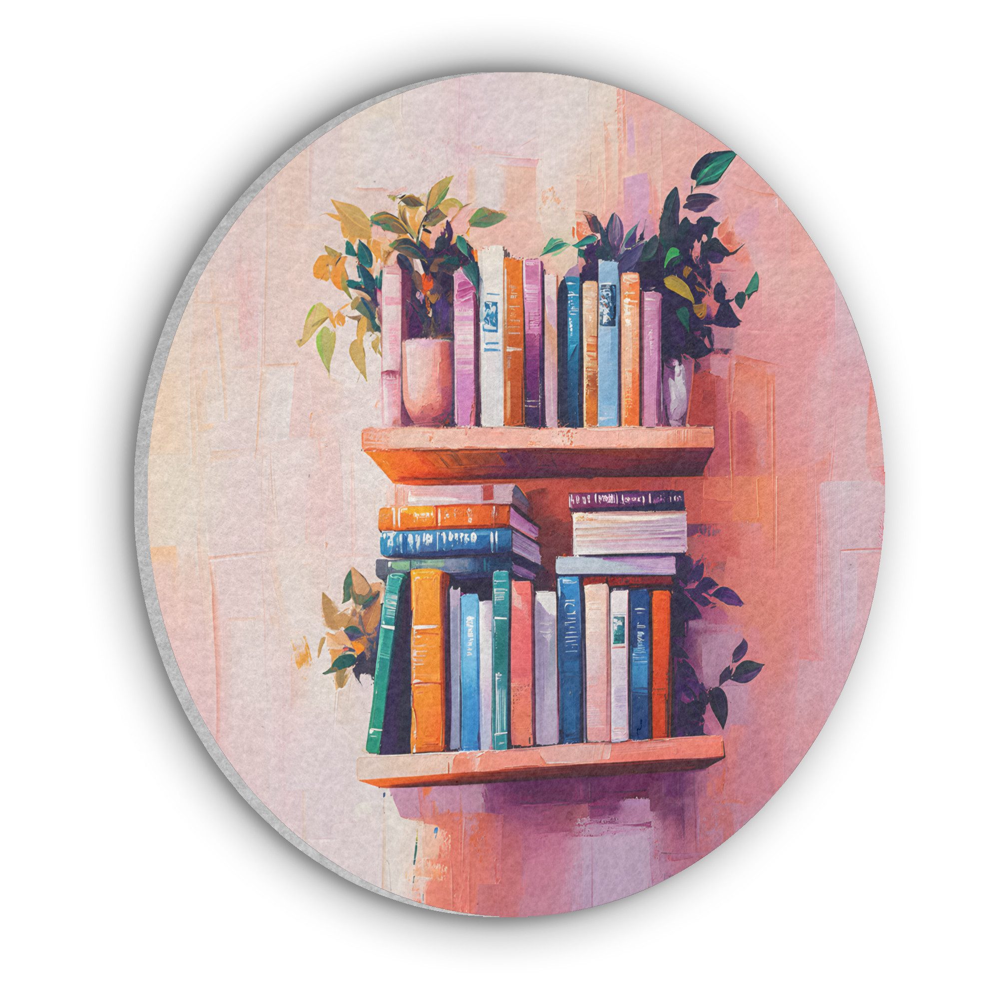 MuchoWow Gemälde Regale - Bücher - Blätter, Fotodruck (1 St), Akustikpaneele rund, Schalldämmung, Akustikbilder 30x30 cm