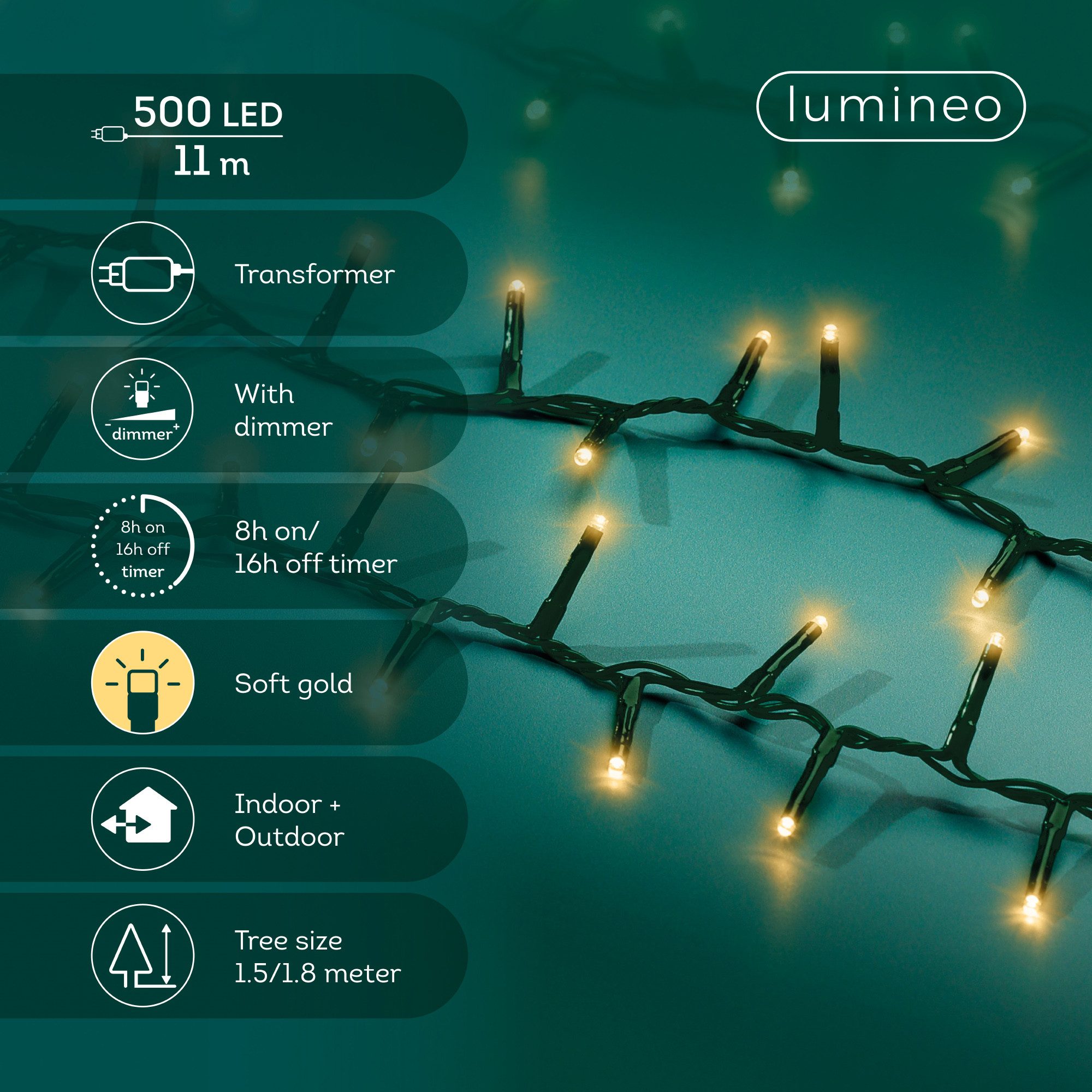 Lumineo LED-Lichterkette Lumineo Lichterkette COMPACT 500 LED 11 m, Soft Gold, grünes Kabel, Indoor/Outdoor, dimmbar, 8h-Timer, 5 m Zuleitung