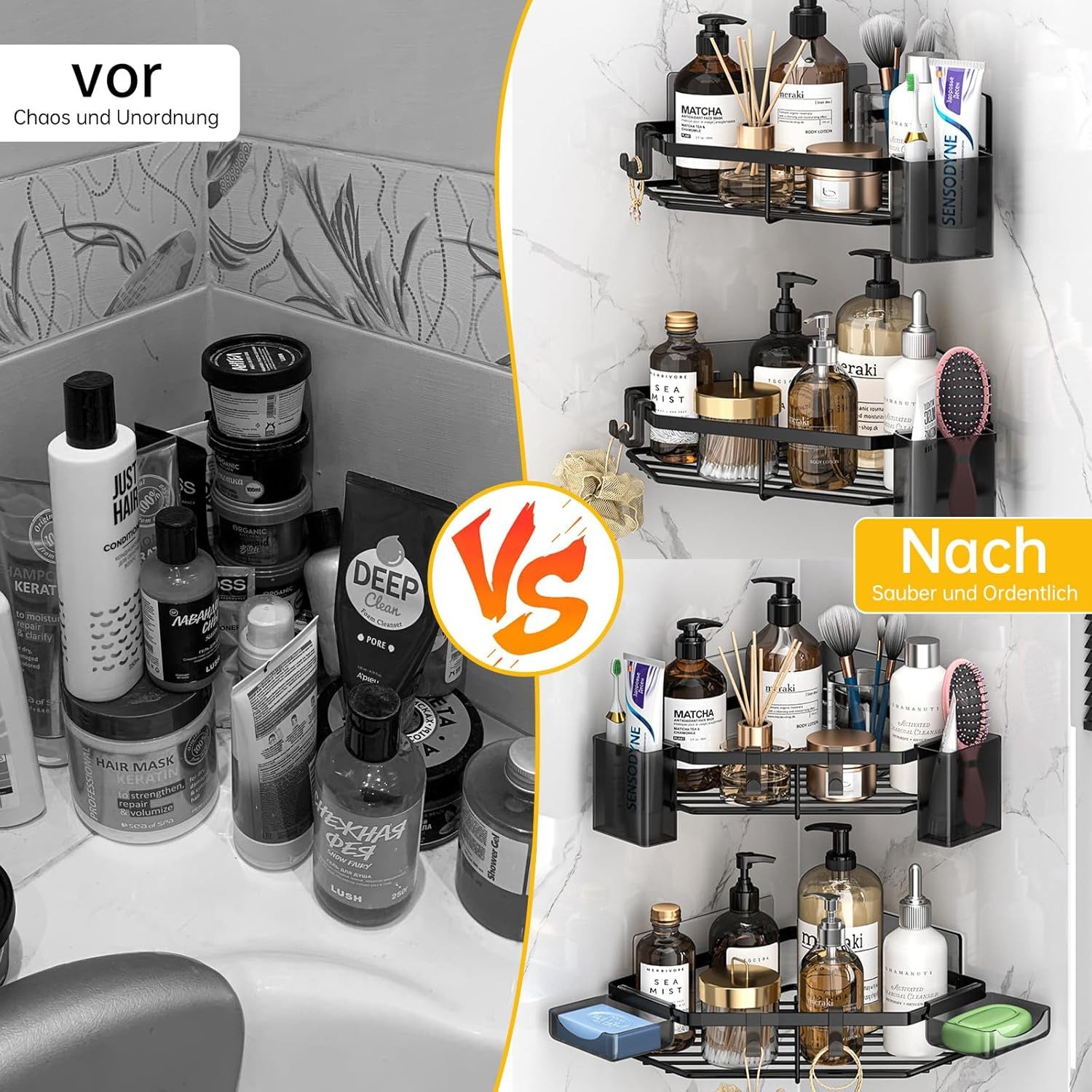 LA CUTE Duschablage Badregal Duschablage Regal Aufbewahrung, 4-teiliges Duschregal-Set inkl. Seifenhalter & Zahnbürstendose, Rostfreier Edelstahl, ohne Bohren,  – Bild 5 von 5