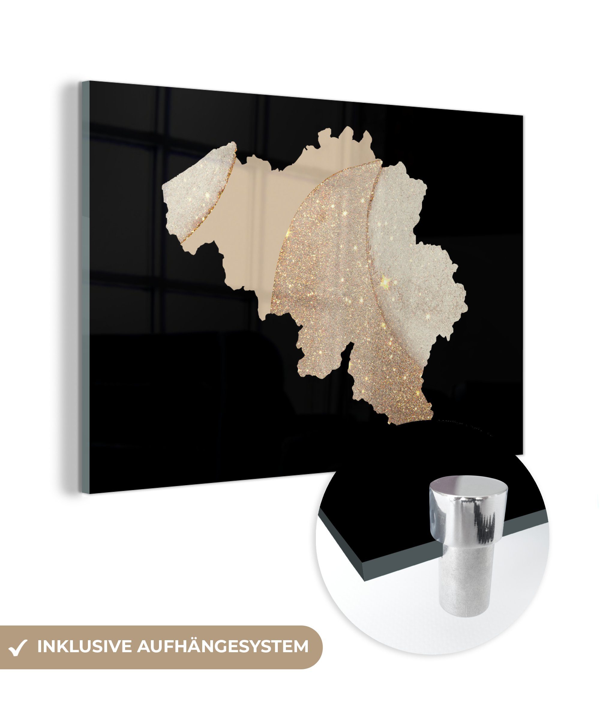 MuchoWow Acrylglasbild Karte - Belgien - & Schlafzimmer Acrylglasbilder (1 St), Wohnzimmer Glitter
