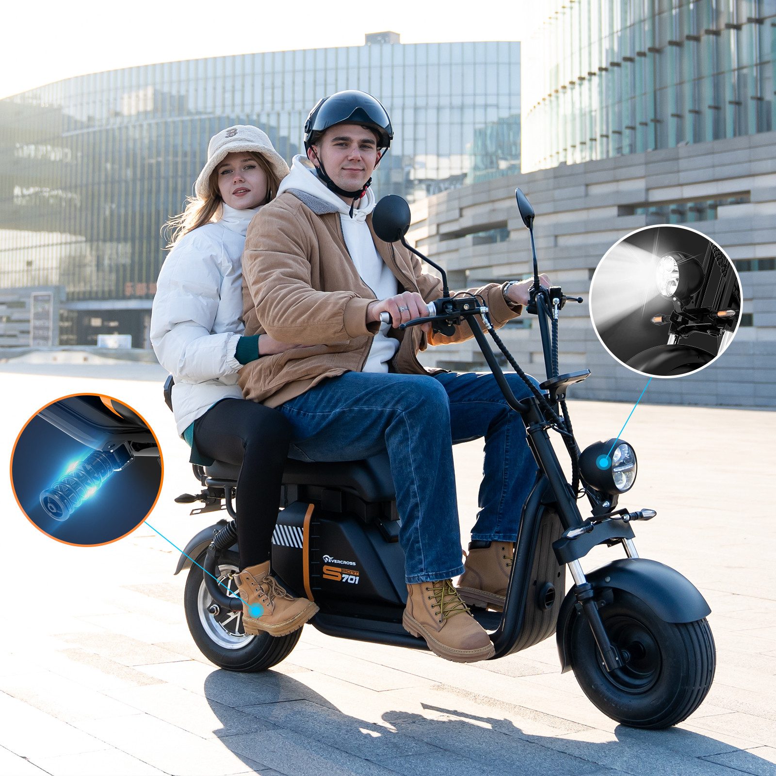 EVERCROSS TECH Electric Scooter 48V-25Ah, AM License, 1500W, 60km/h, 45km/h, LED Display, Turn Signals, Remote Key, Alarm System, Dual Shock Absorbers