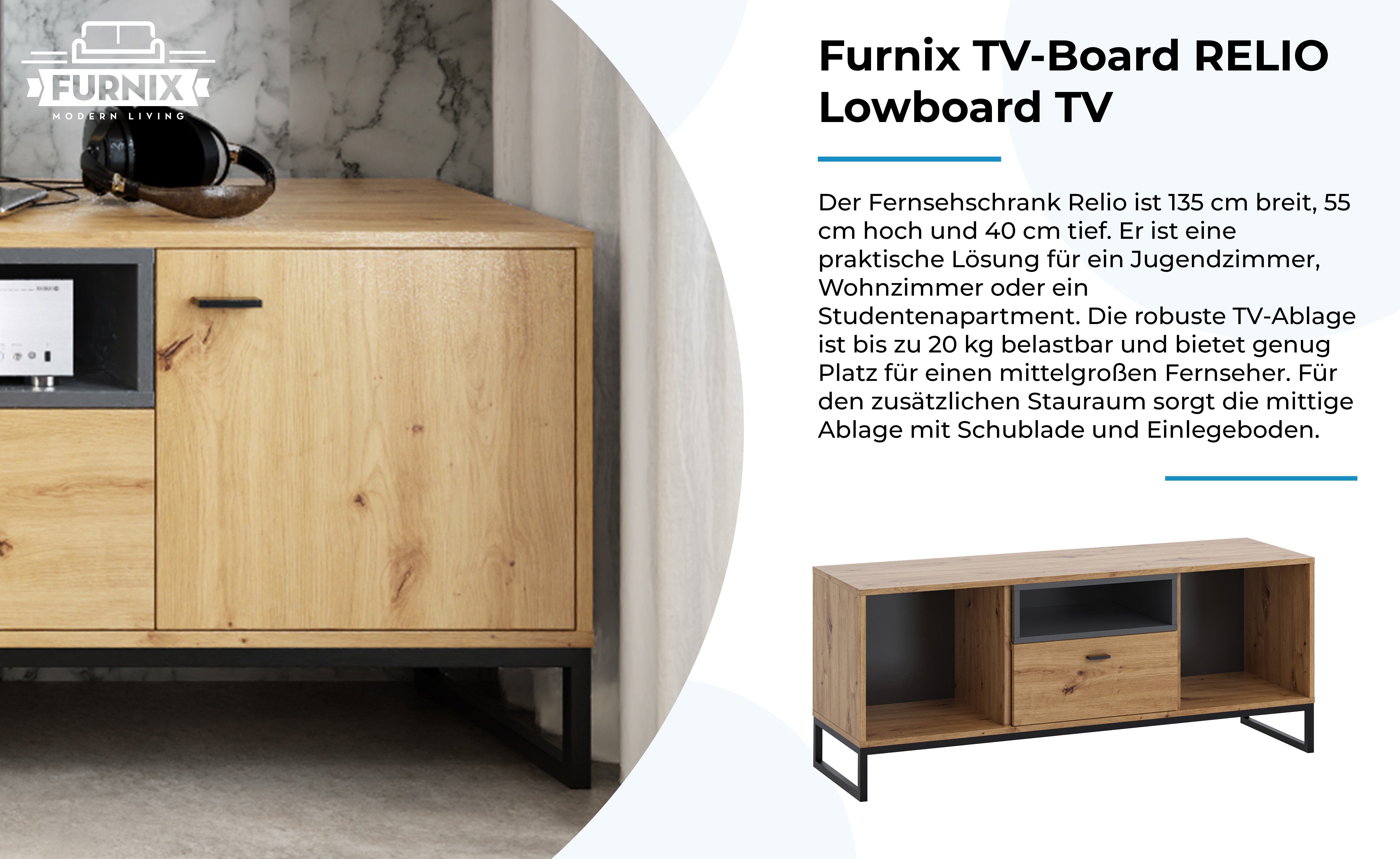 TV-Board Ablage, Lowboard Türen, Schublade, x 2 RELIO Artisan/Schwarz B135x T40 mit, TV-Kommode Furnix TV-Schrank cm H55