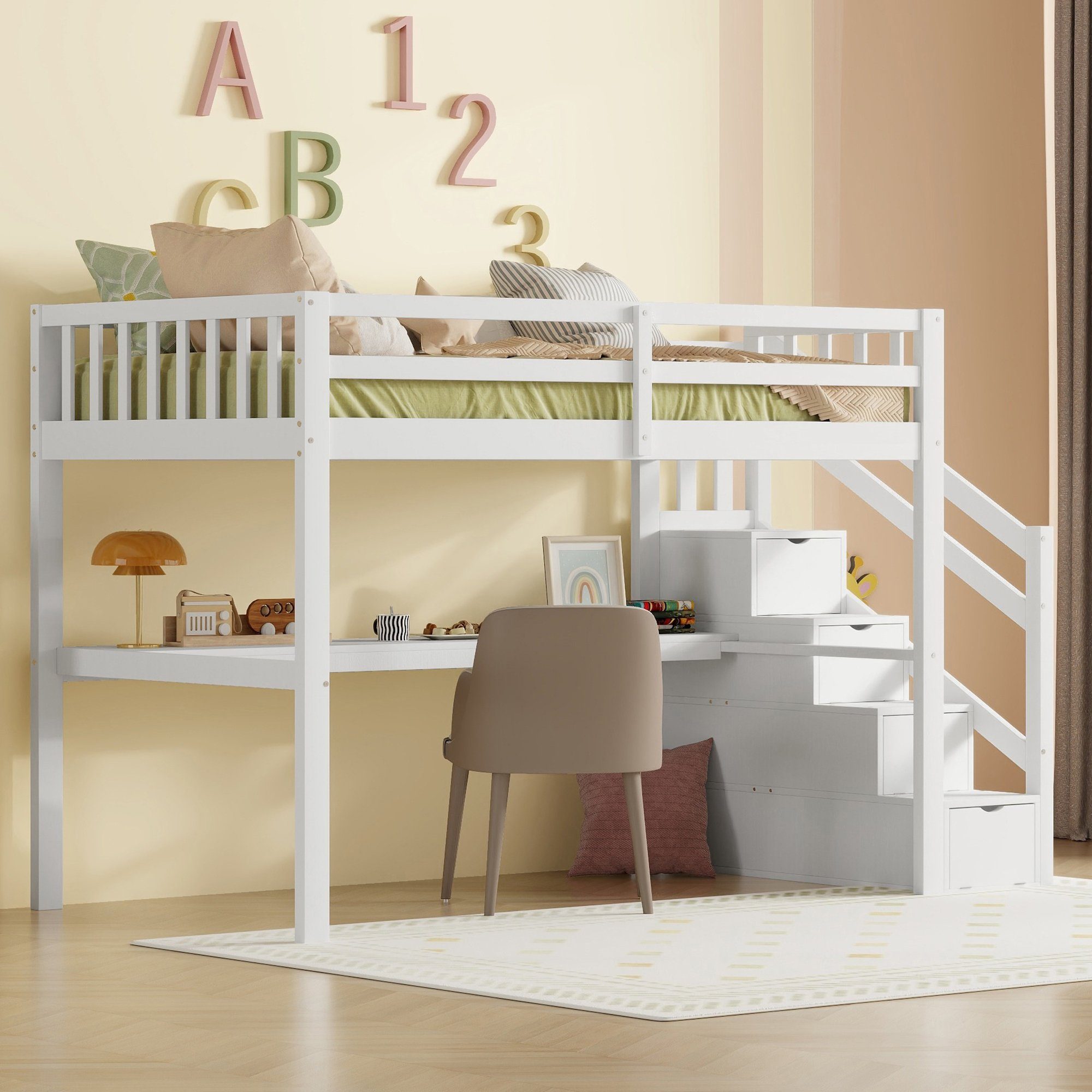 Matratze Holzbett Weiß Kinderhochbett Funktionsbett Kinderbett cm WISHDOR ohne Stauraumbett 90x200 (mit und Stauraumschubladen Unterbettschreibtisch),