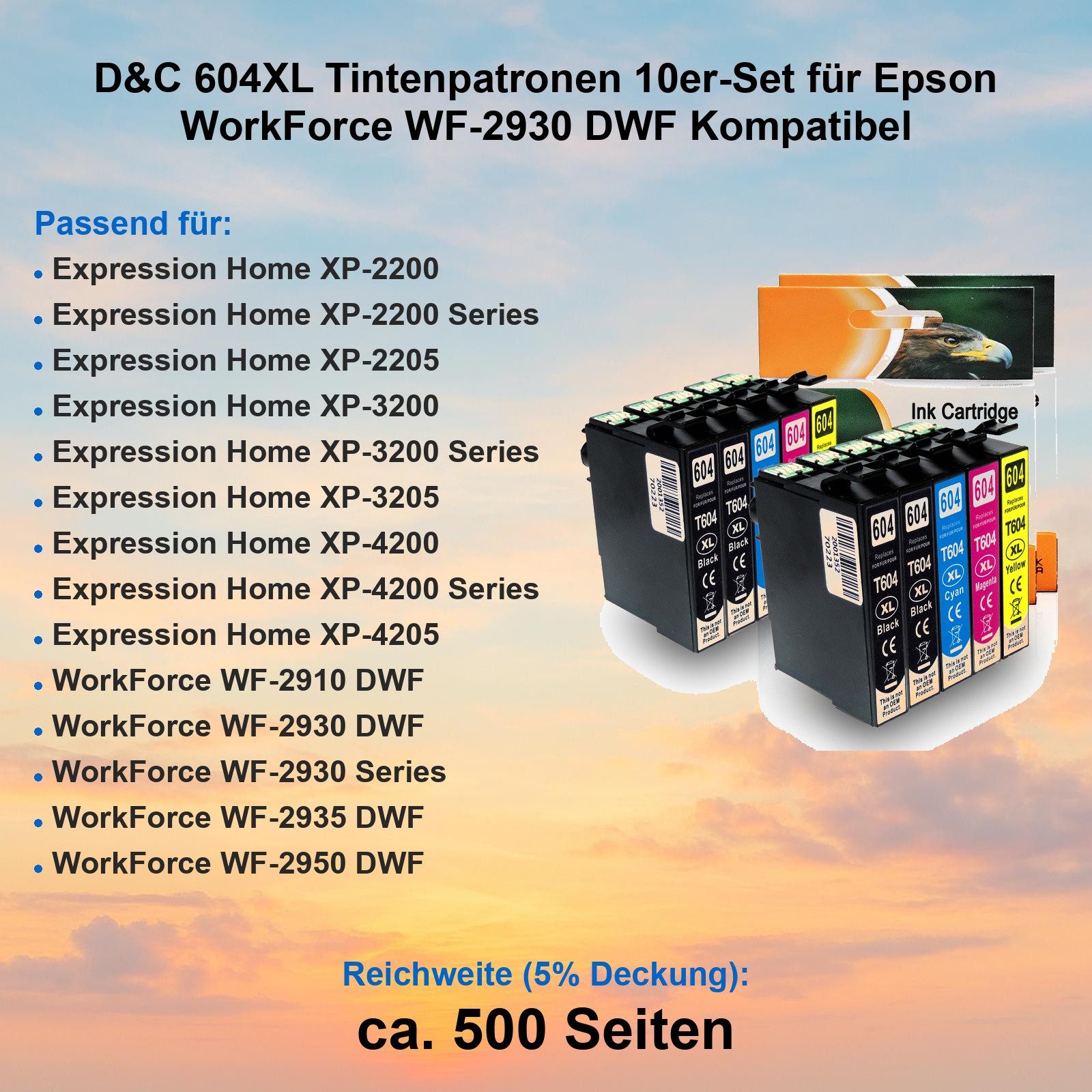 D&C D&C 604XL Tinten 10er-Set für Epson WorkForce WF-2930 DWF Kompatibel Tintenpatrone