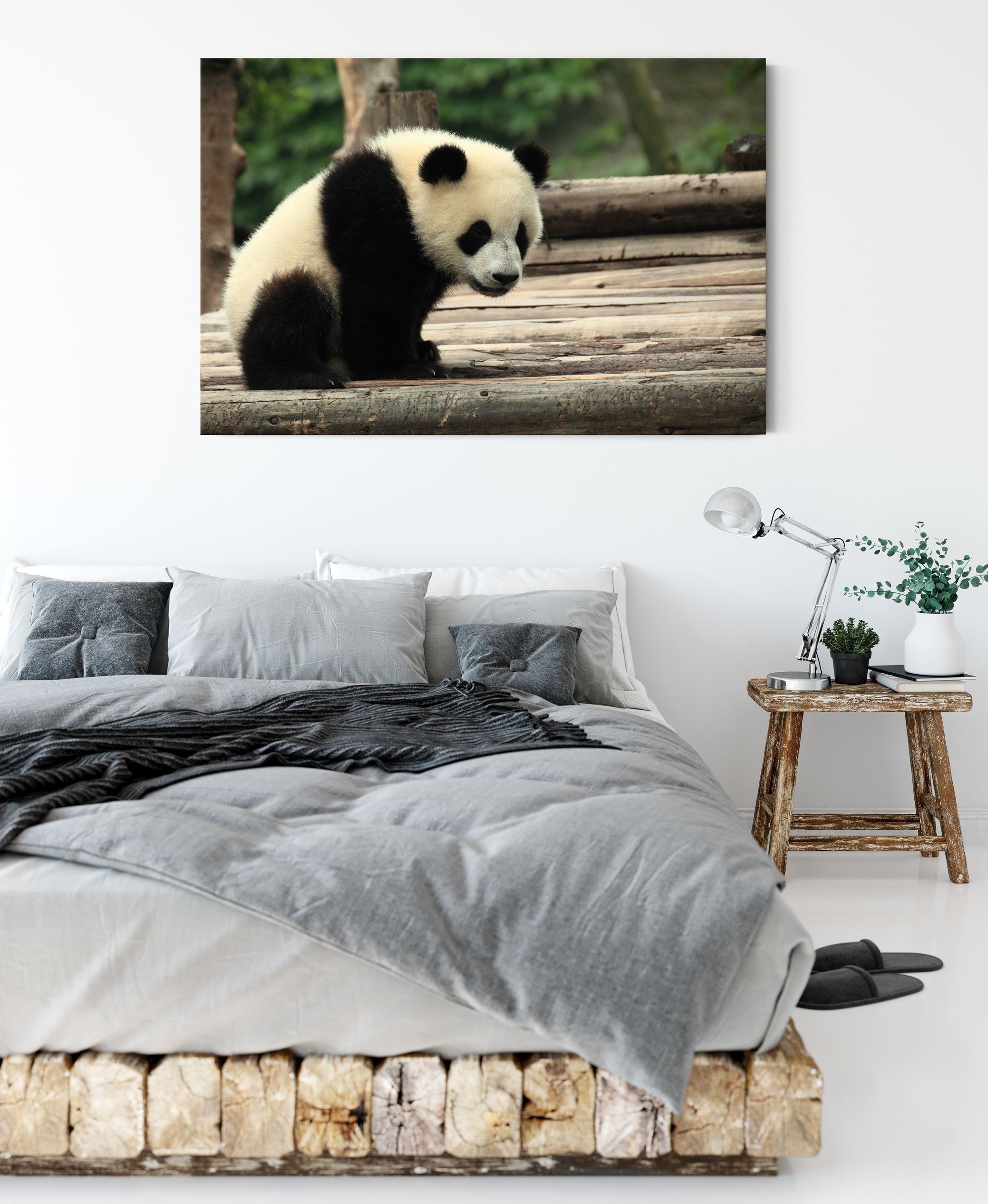 Holzstämmen fertig bespannt, Zackenaufhänger Pixxprint Leinwandbild Holzstämmen, Panda St), Panda auf auf inkl. Leinwandbild (1