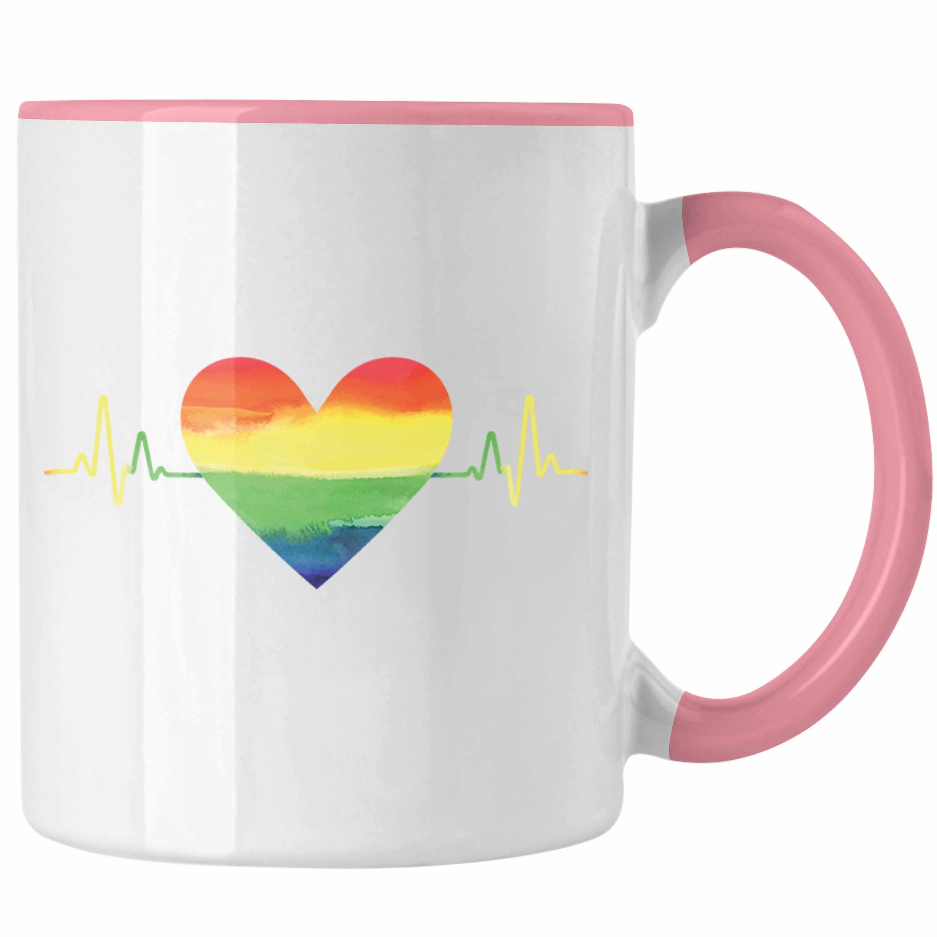 Trendation Tasse Trendation - Regenbogen Tasse Geschenk LGBT Schwule Lesben Transgender Grafik Pride Herzschlag Rosa