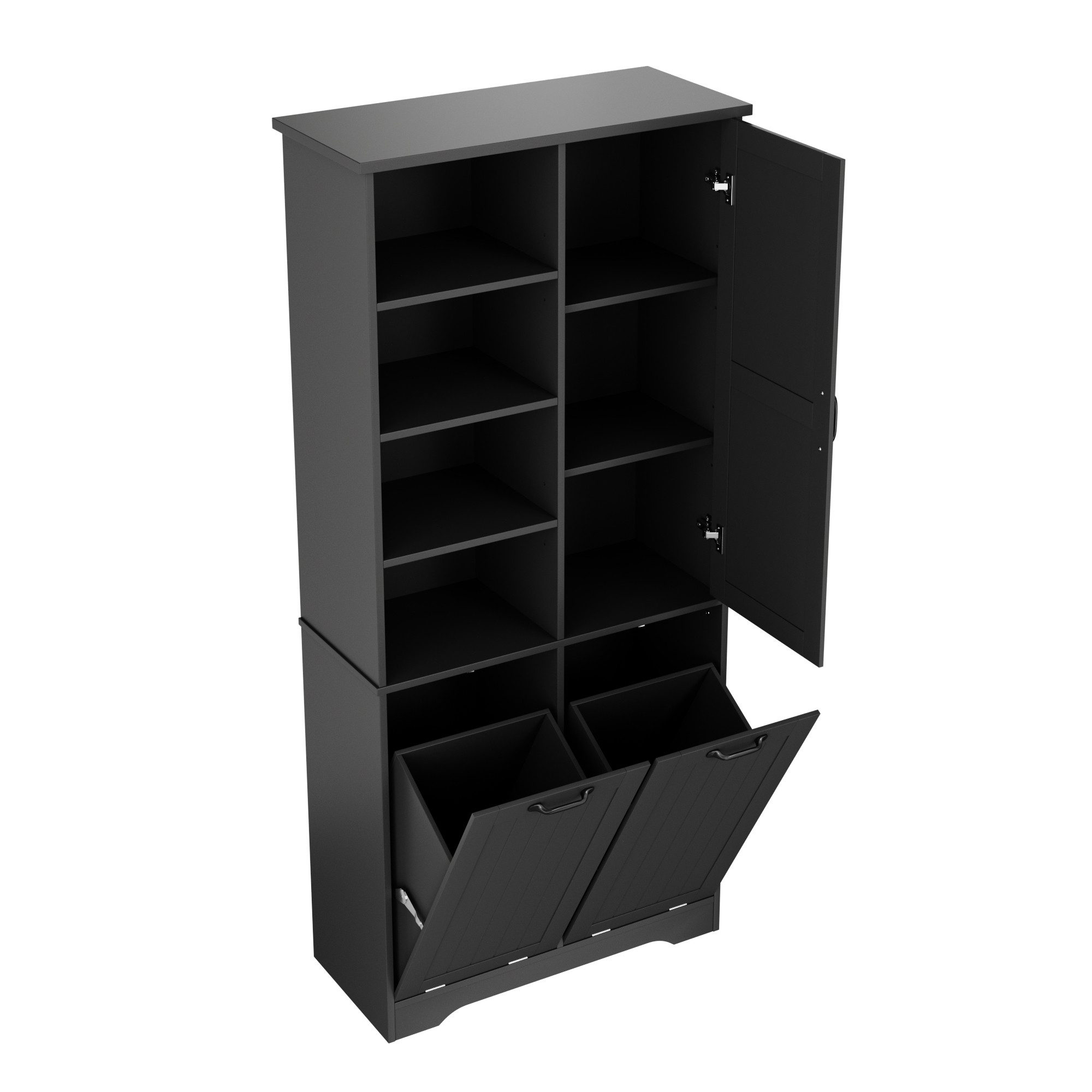 Flieks Badkommode Hochschrank mit doppelter Wäschekorb, 7 Fächern (B78/T35/H172,7 cm, 1 St., mit verstellbaren Einlegeböden und 2 Klappen), Badezimmerschrank feuchtigkeitsbeständiger Holzschrank aus MDF Schwarz
