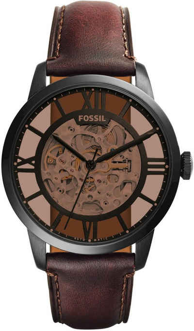 Fossil Automatikuhr Townsman, ME3098, Armbanduhr, Herrenuhr, mechanische Uhr, skelettiertes Zifferblatt