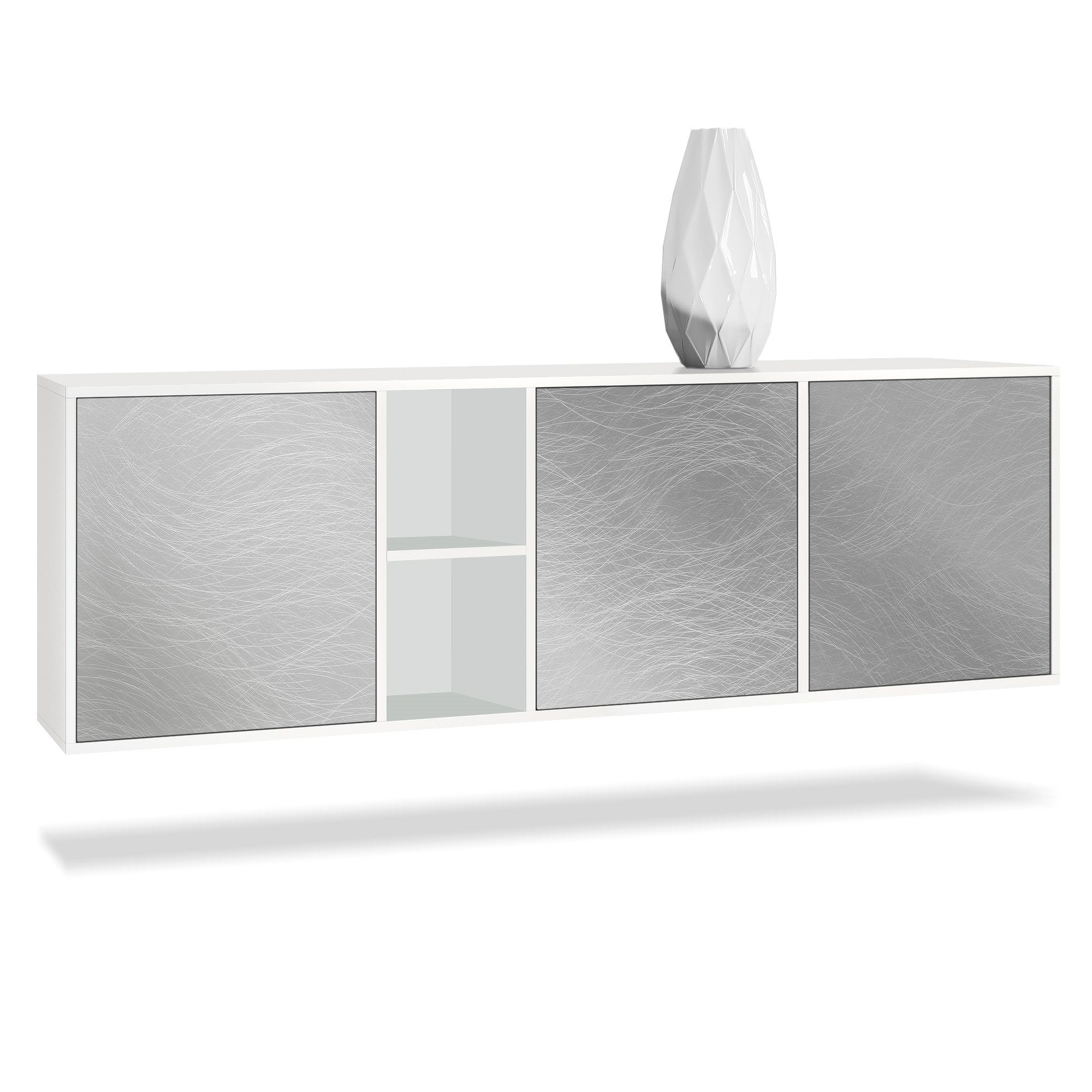 Vladon Sideboard Cuba (Kommode, mit 3 Türen und 2 offene Fächer), Weiß matt/Scratchy Metal (182 x 53 x 35 cm)