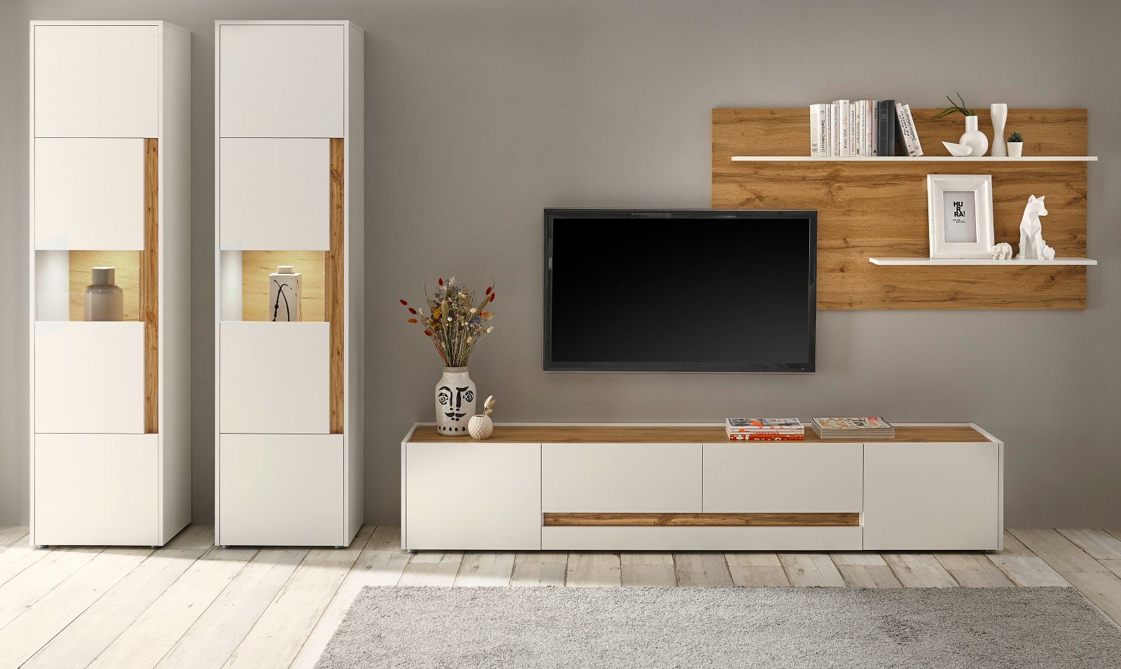 Furn.Design 5-teilig Set 197 weiß 400 (Wohnzimmer Eiche, cm), Center, für Flat-TV und Wotan Wohnwand x große auch