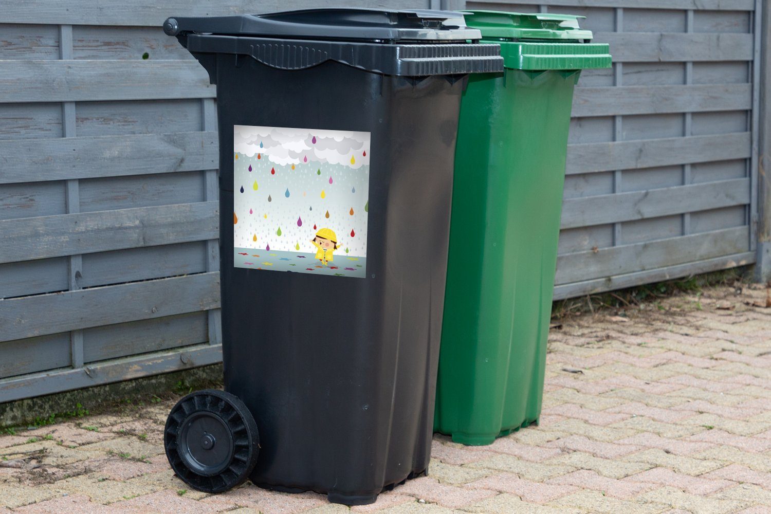 MuchoWow Wandsticker Illustration St), Container, Sticker, von (1 das bunten ist umgeben eines Abfalbehälter Mülleimer-aufkleber, Kindes, Wassertropfen Mülltonne