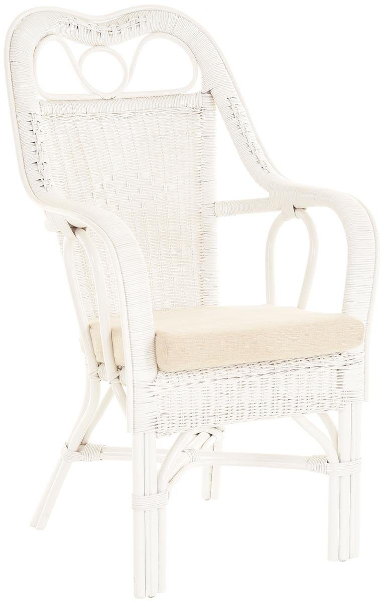 Krines Home Armlehnstuhl Rattansessel Wintergarten Sessel Armlehnsessel mit hoher Rückenlehne, Mit Sitzkissen Weiss