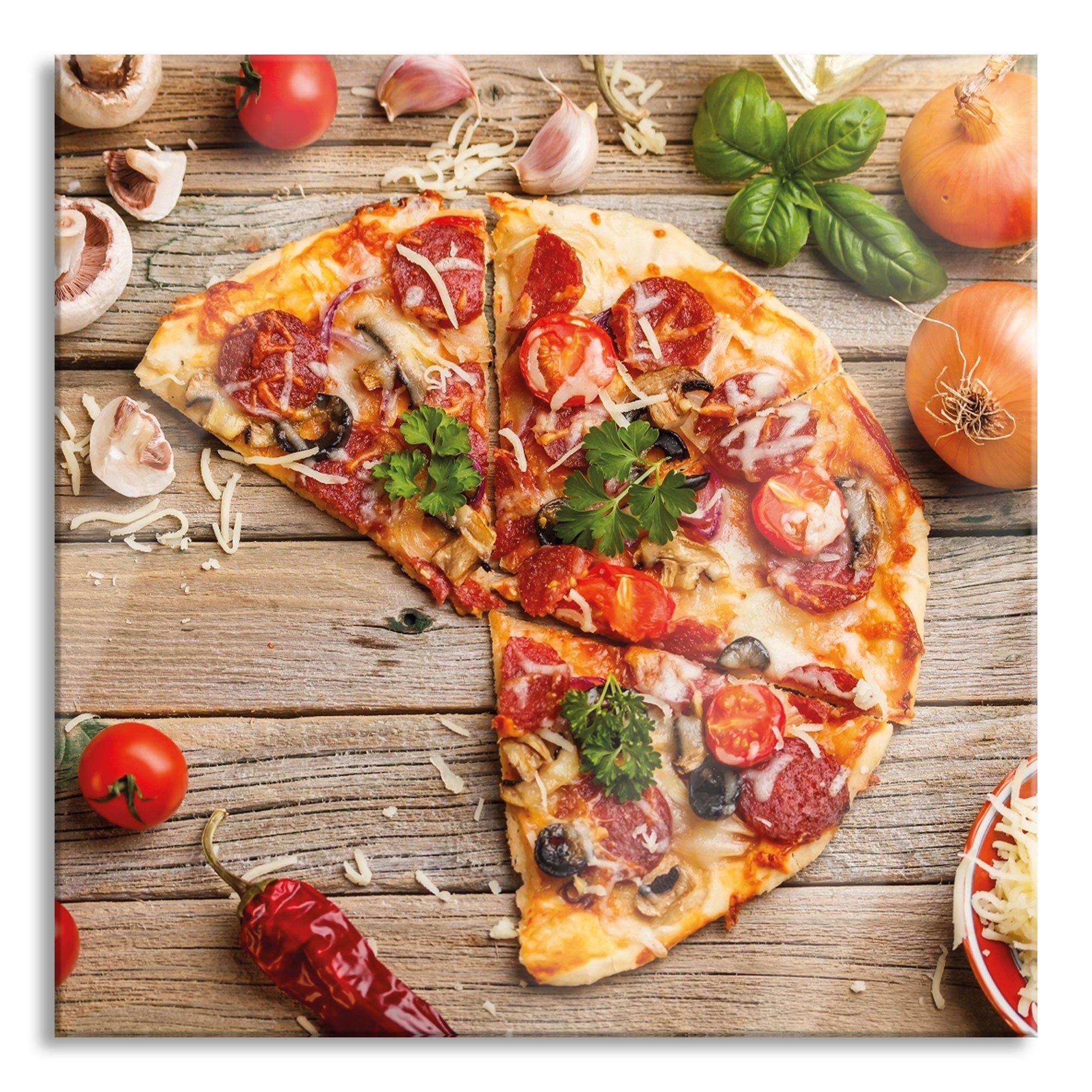 Pixxprint Glasbild Pizza Italia auf Holztisch, Pizza Italia auf Holztisch (1 St), Glasbild aus Echtglas, inkl. Aufhängungen und Abstandshalter