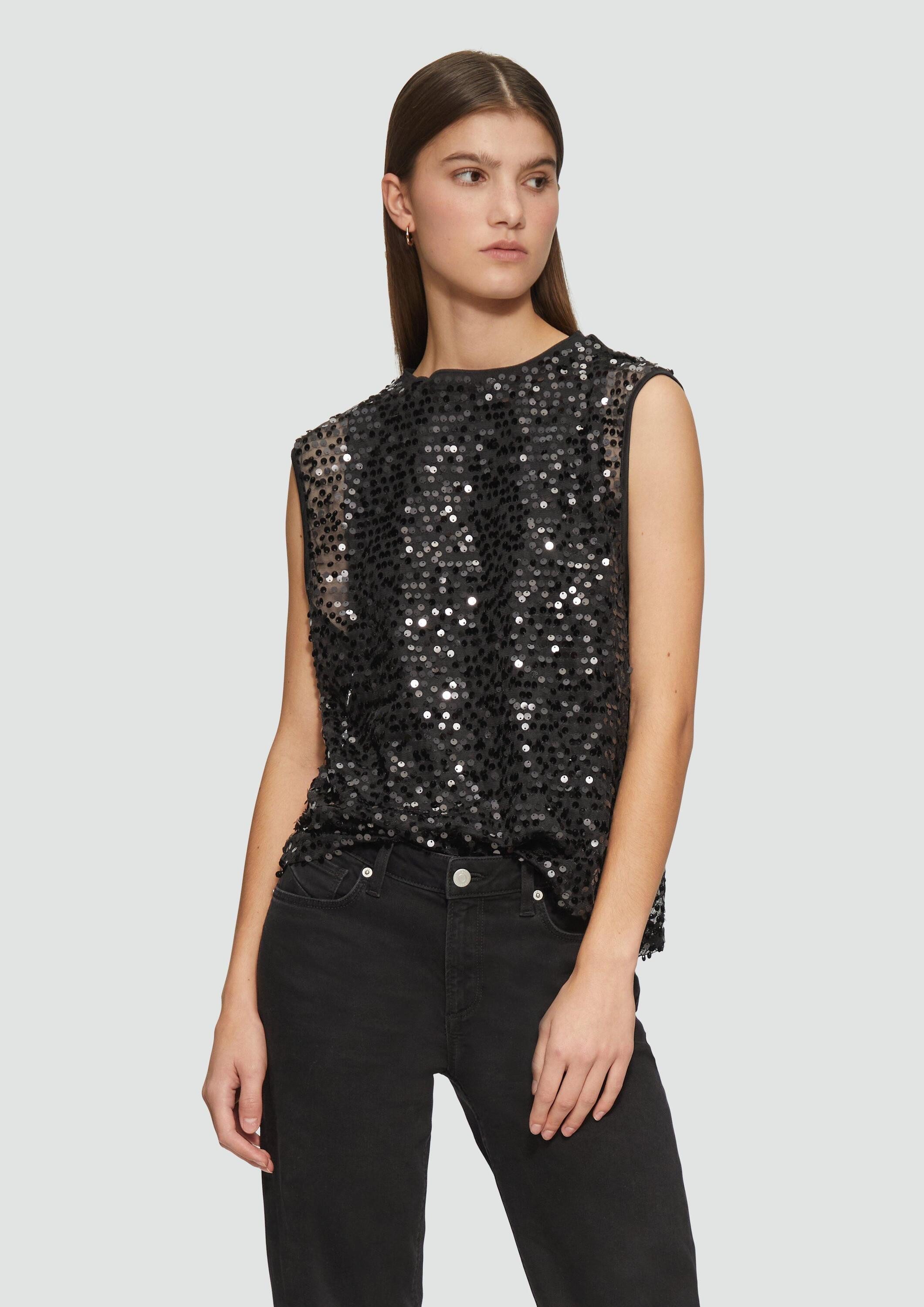QS Blusenbody Bluse Unterlegtes Blusentop mit Pailletten und Rundhalsausschnitt