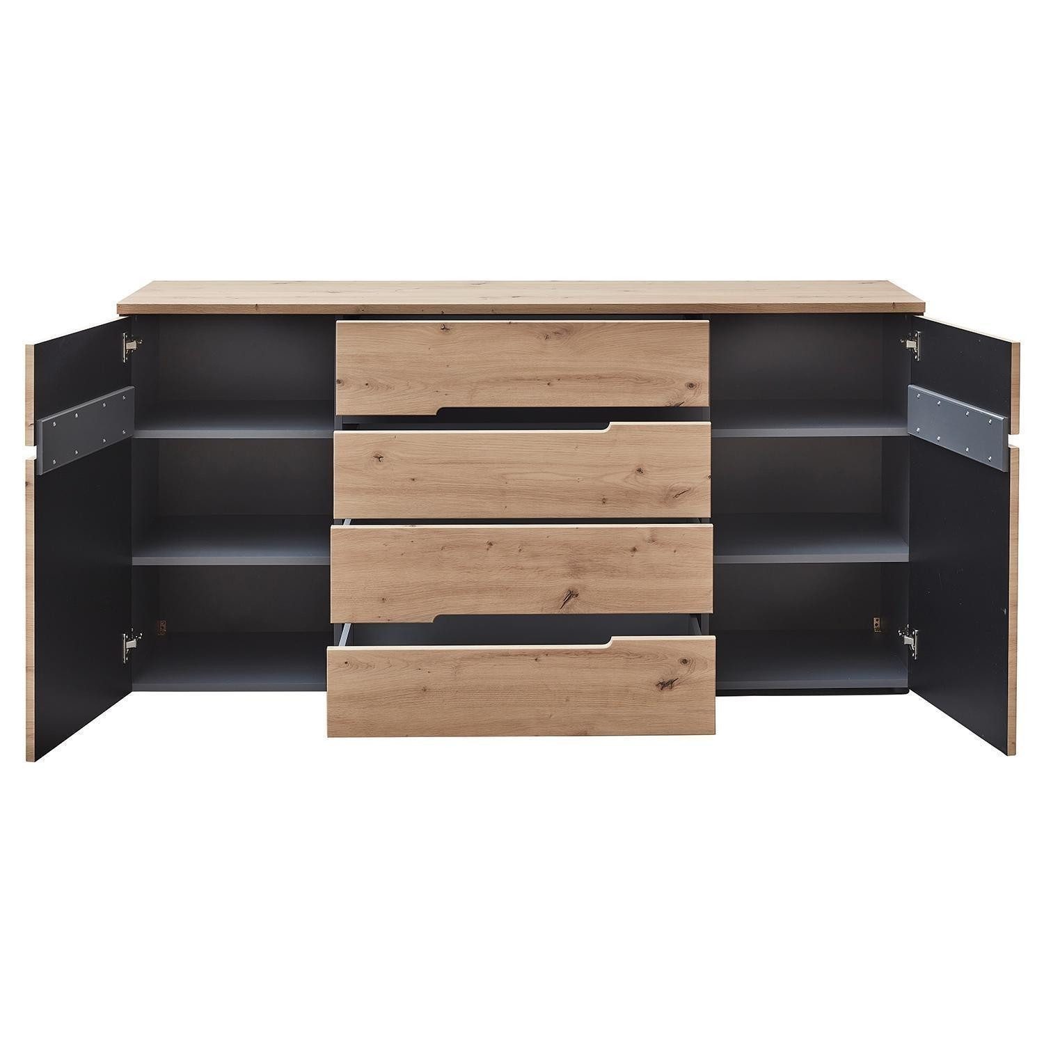 Innostyle Sideboard MEMPHIS, Artisan Eiche Dekor, Graphitgrau, 2 Türen, 3 Schubladen, B 165 x H 82 x T 44 cm