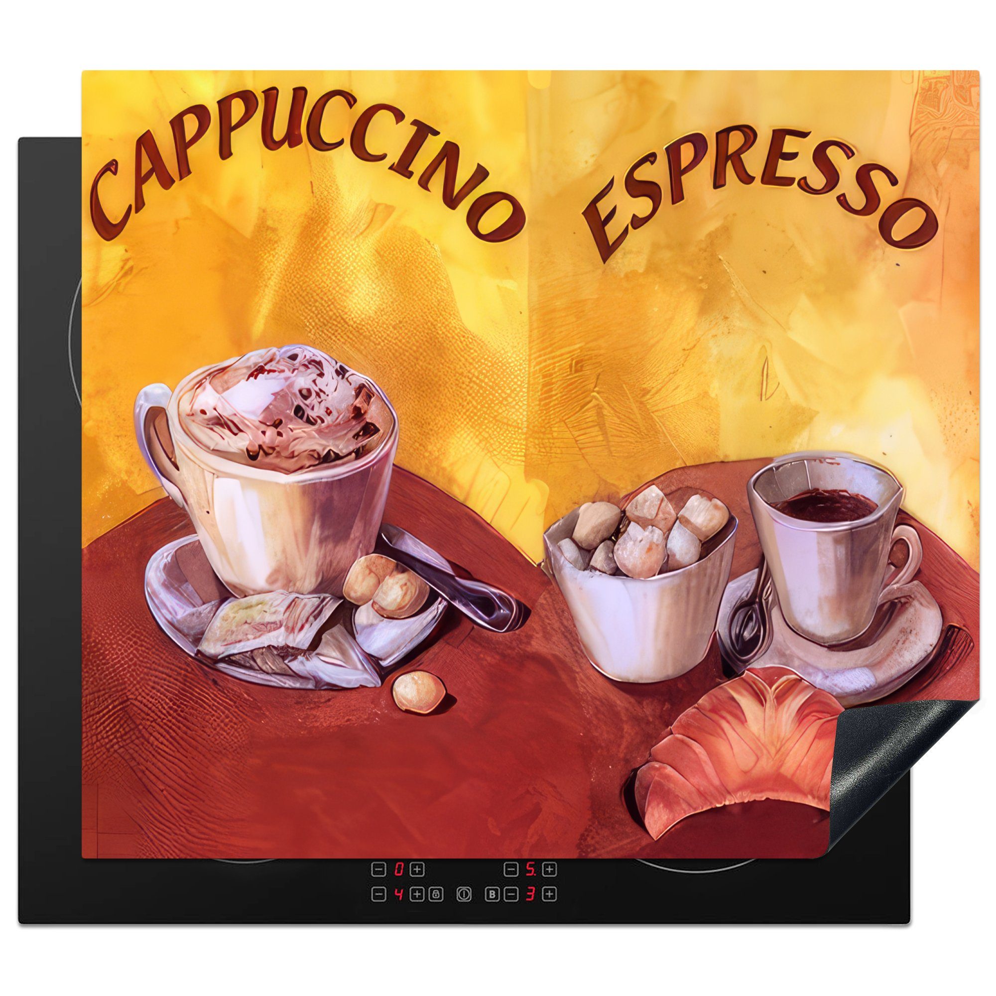 60x52 Kaffee Vinyl, - Herdblende-/Abdeckplatte - - Arbeitsfläche cm, Cappuccino Ceranfeldabdeckung nutzbar, MuchoWow (1 Espresso tlg), Mobile Vintage,