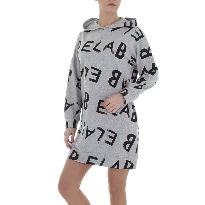 Ital-Design Shirtkleid Damen Freizeit Kapuze Textprint Stretch Minikleid in Grau