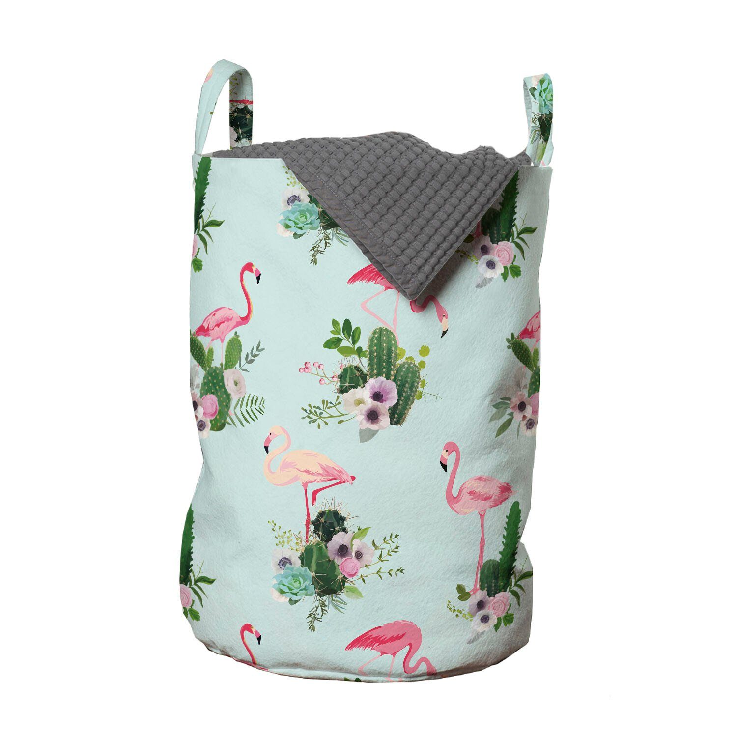 Abakuhaus Wäschesäckchen Wäschekorb mit Griffen Kordelzugverschluss für Waschsalons, Cactus Spring Flower Flamingo-Vogel