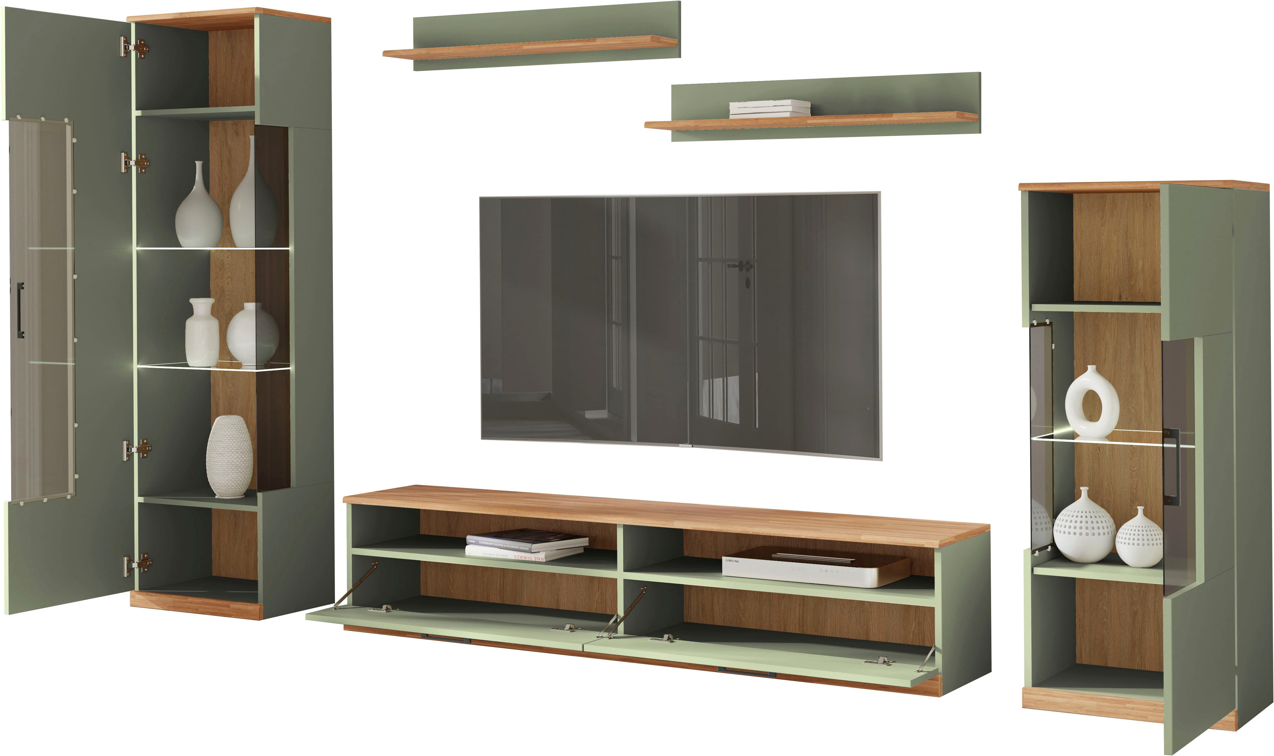 OTTO home Wohnwand Ribe: 5‑teilig, Oberplatte aus Massivholz, viel Stauraum, Trendfarbe, (5-St), Breite: 240cm, Glaseinsatz aus gehärtetem Glas, variable Einlegeboden