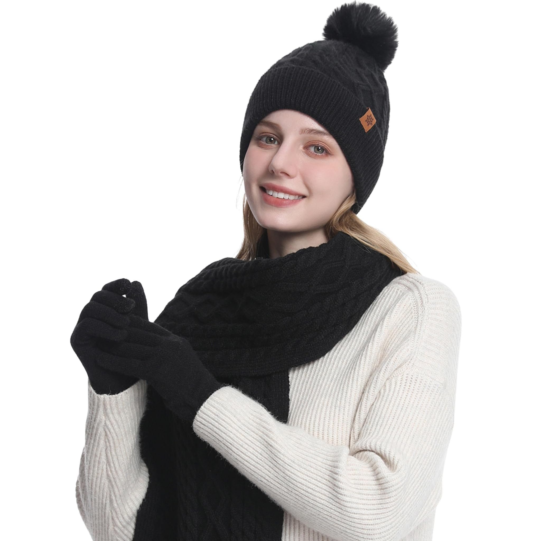 Coonoor Mütze & Schal 3 in 1 Winter Mütze Schal Handschuh Set Für Herren Damen Weiche Warme Gestrickt Strickmütze mit Bommel, Schal & Handschuh-Sets
