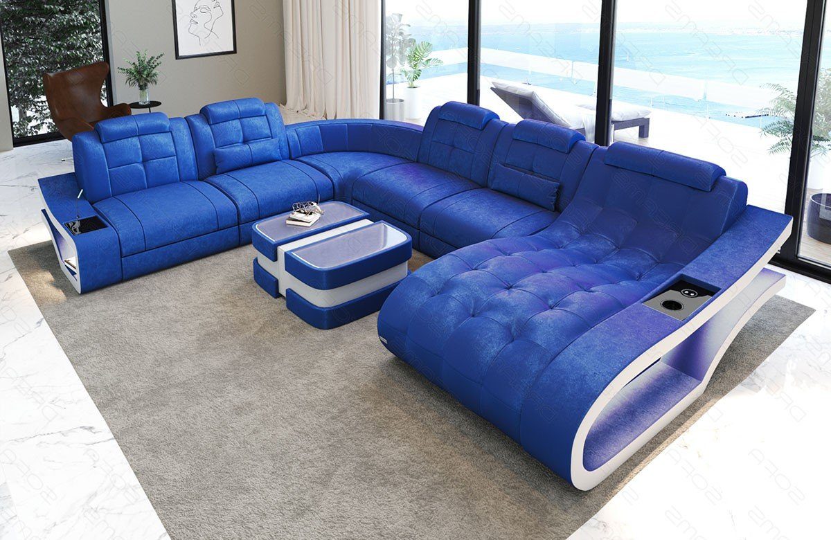 Wohnlandschaft Form Sofa mit - blau-weiß Sofa Polstersofa Dreams Stoffsofa, Stoff wahlweise Elegante XXL S Bettfunktion