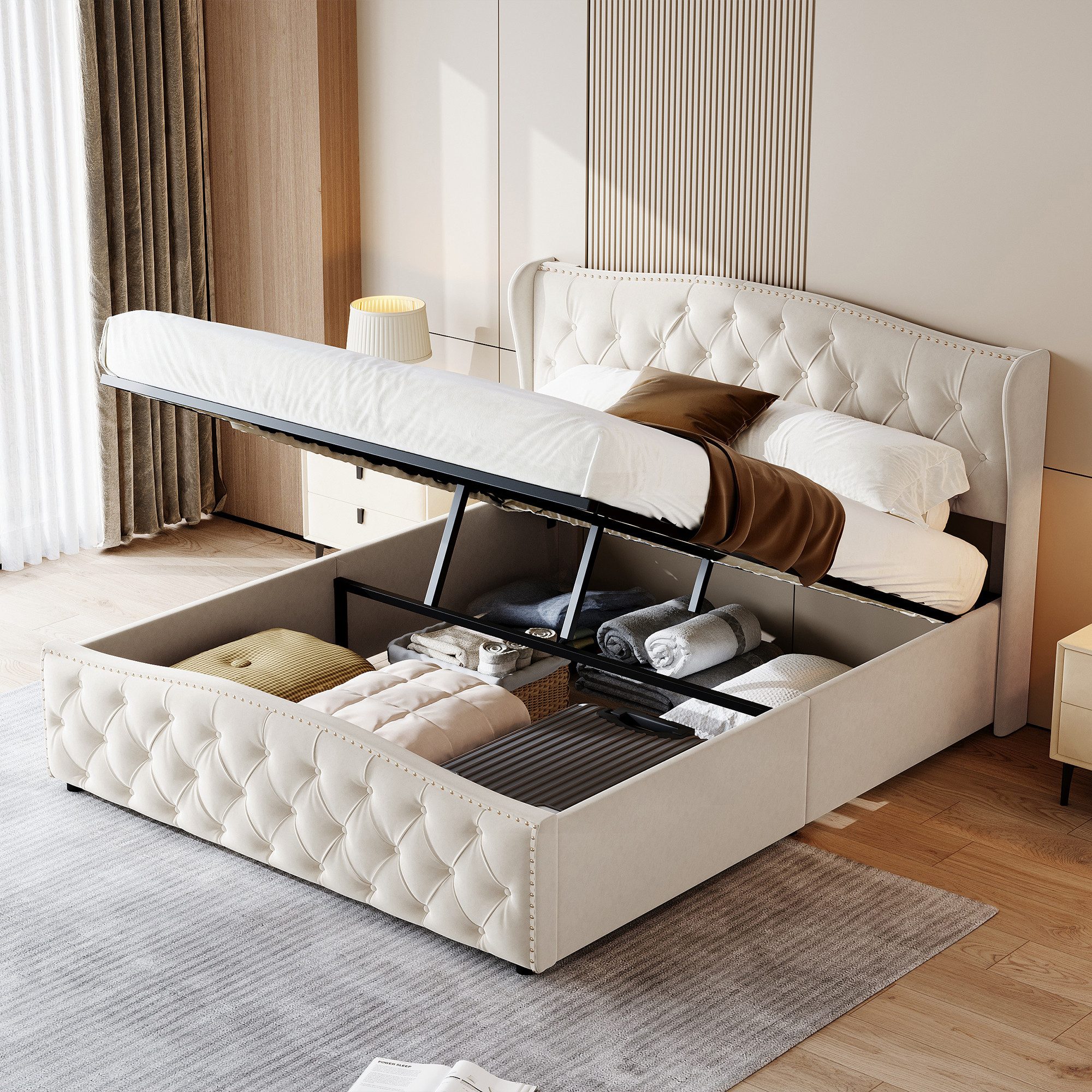 Yelenaro Polsterbett hydraulischer Stauraumbett mit Lattenrost, Doppelbett 140x200cm mit Kopfteil und Samtbezug Beige – Bild 2 von 5