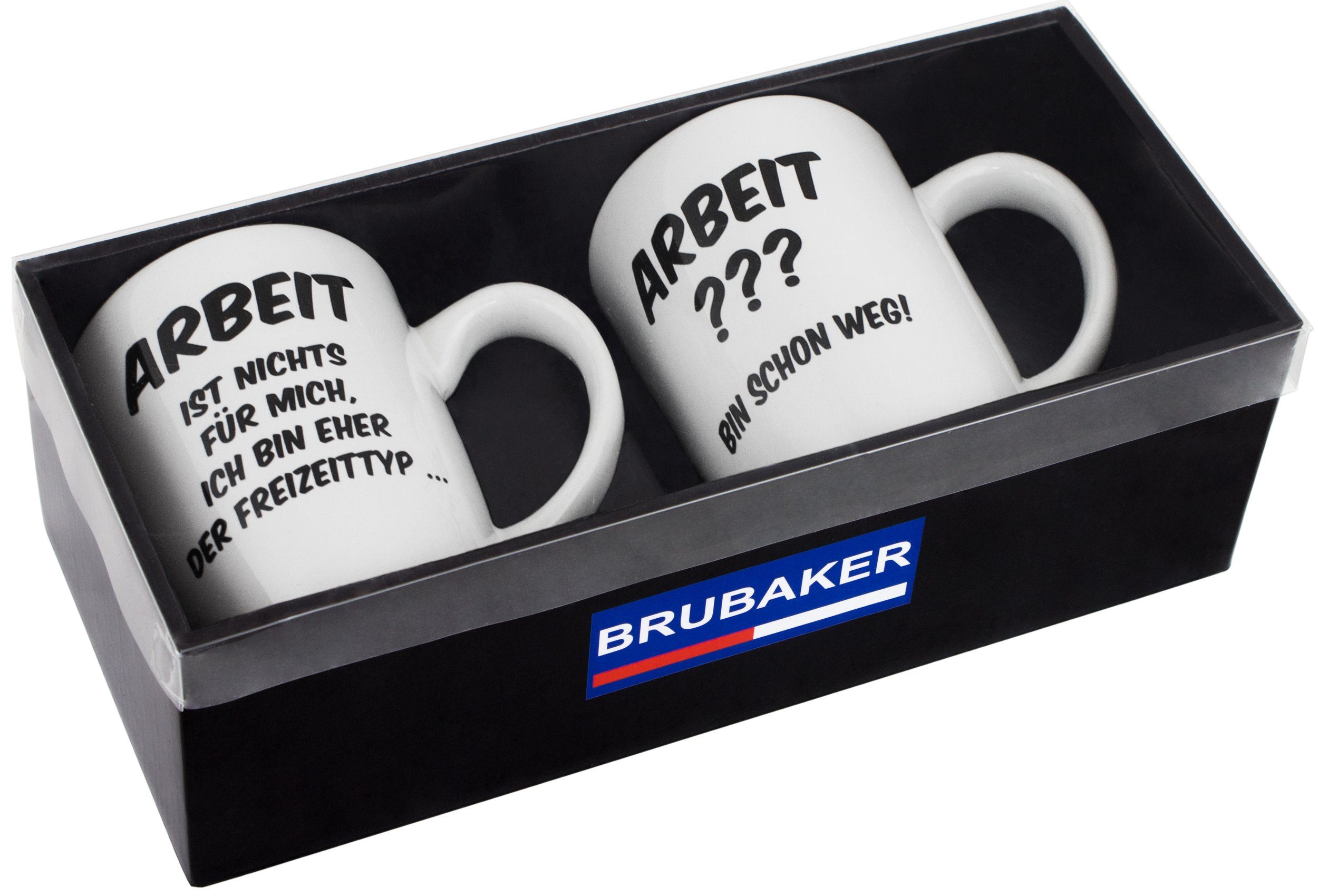 Geschenkset Tassen 2er-Set IST ..." lustig "ARBEIT mit BRUBAKER Spruch Grußkarte, Tasse Keramik, ???...", mit Kaffeetassen Büro, "ARBEIT Kaffeebecher Geschenkpackung und Motivtassen in