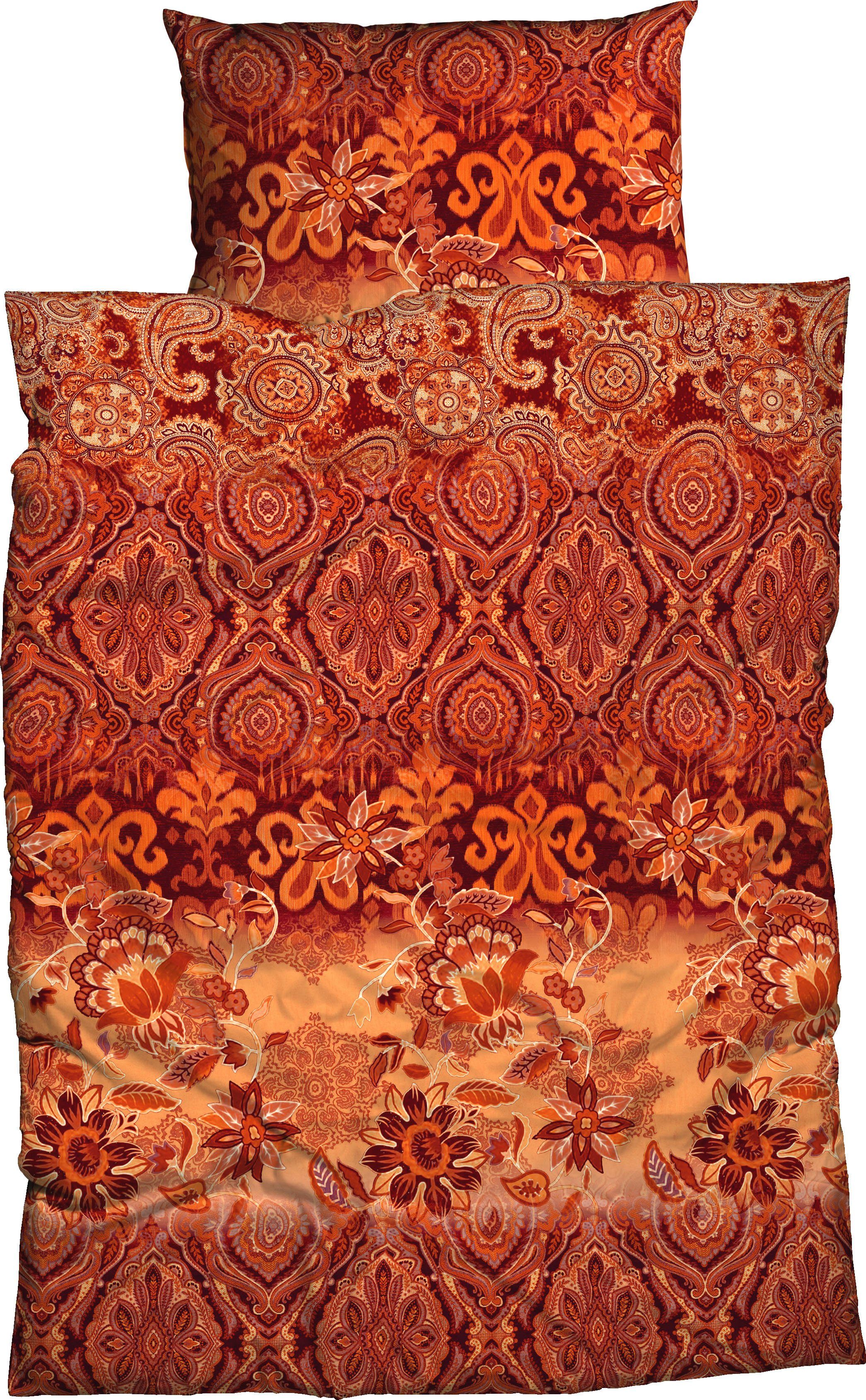 Satin, Blüten Paisleydessin 2 und teilig, CASATEX, Bettwäsche harmonisches rubin/orange Suzani,